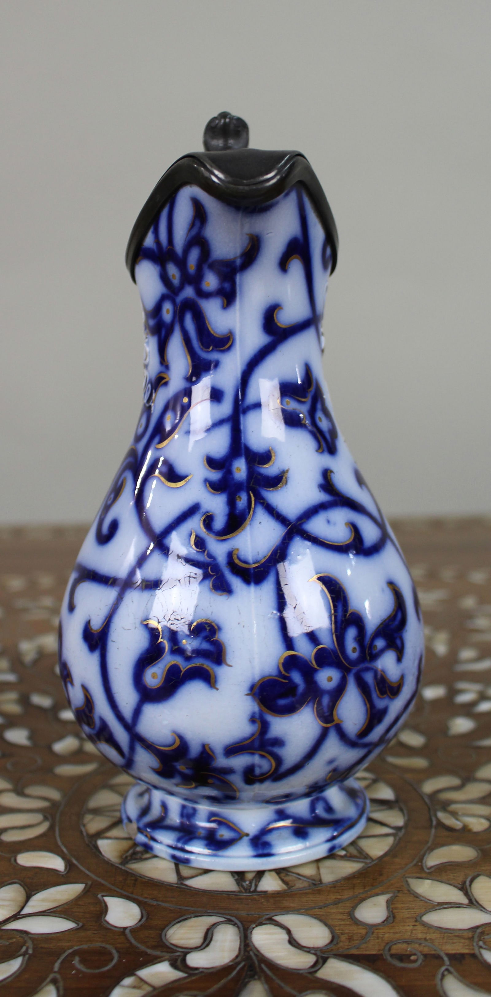 Victorian Flow Blue Relief-Moulded Jug with Pewter Lid, c.1850 - 4