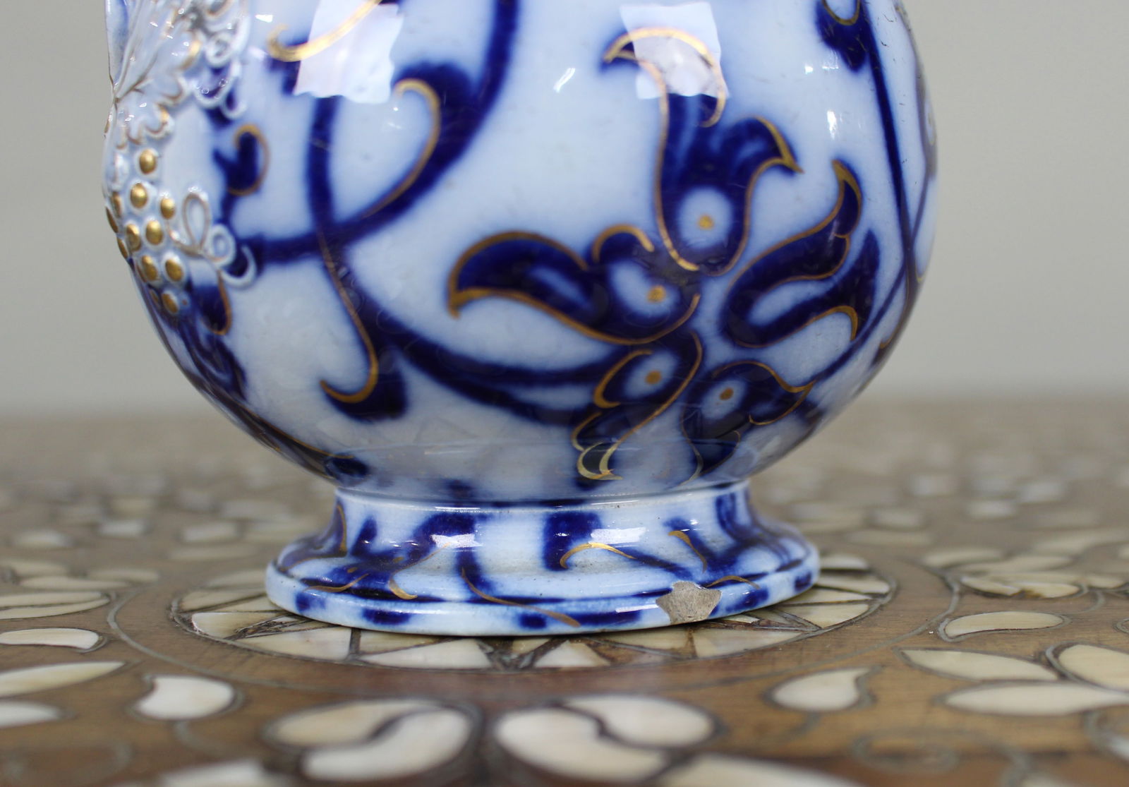Victorian Flow Blue Relief-Moulded Jug with Pewter Lid, c.1850 - 6