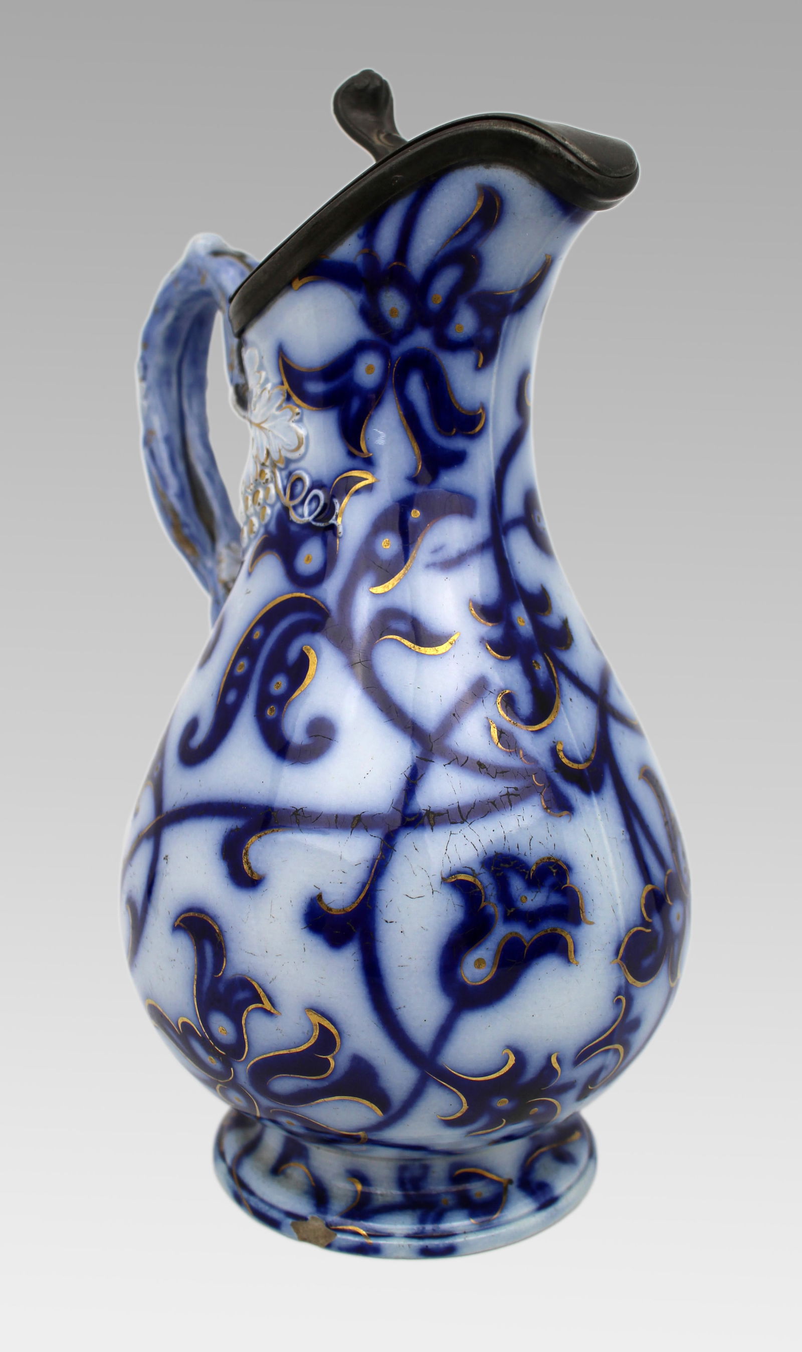 Victorian Flow Blue Relief-Moulded Jug with Pewter Lid, c.1850 - 9