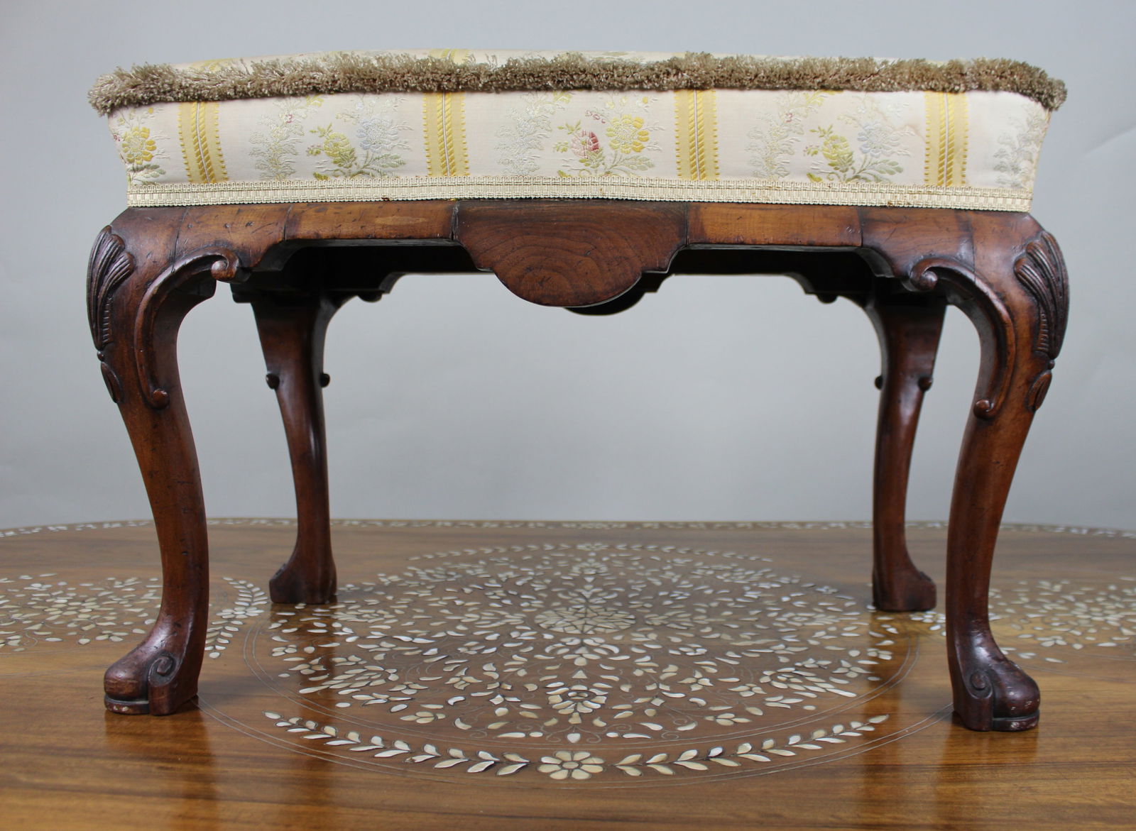 Carved Walnut Upholstered Footstool c.1930 - 3