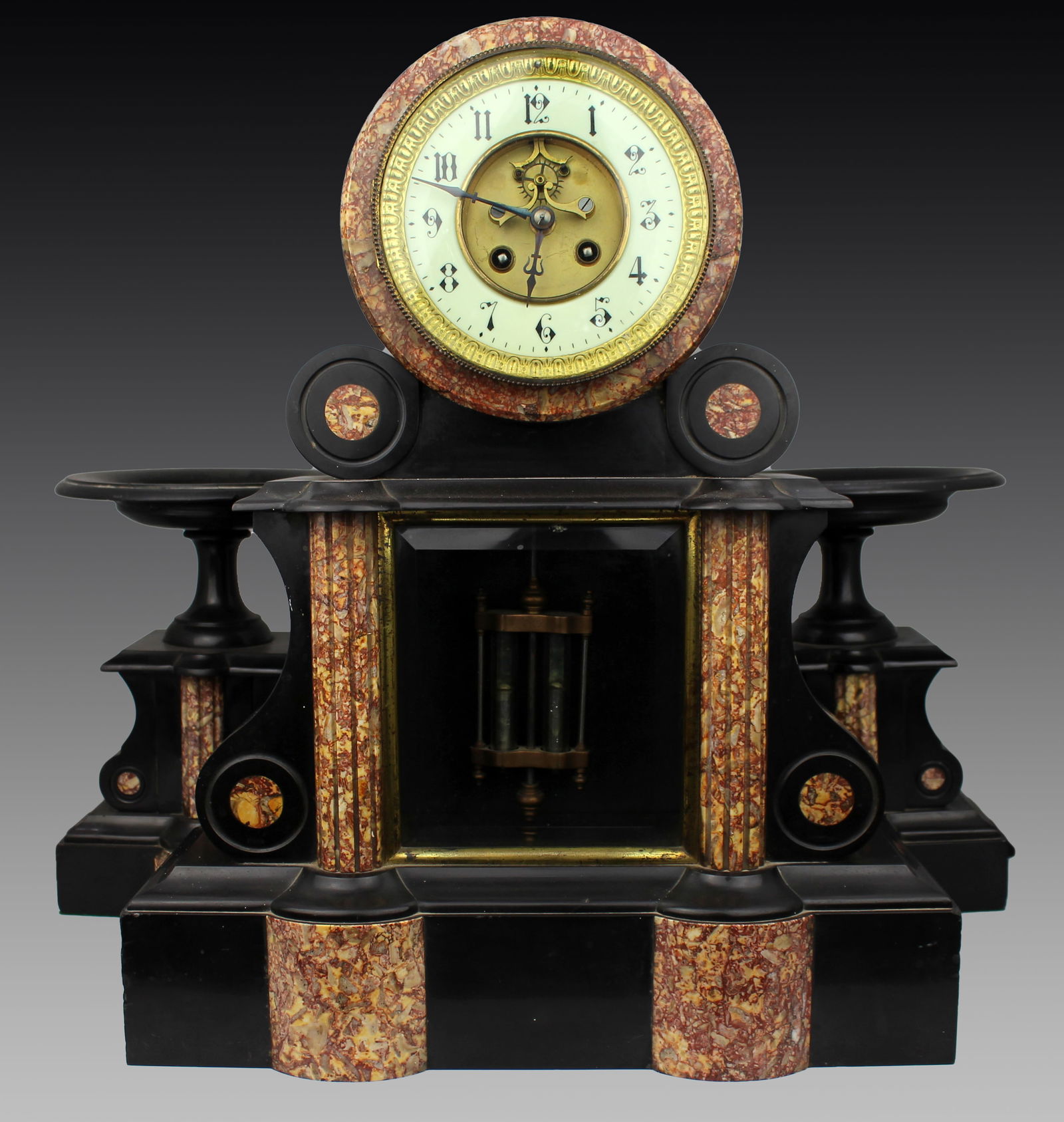 Mid-19th Century French Japy Frères Black Marble Clock Garniture Set: Title: Mid-19th Century French Japy Frères Black Marble Clock Garniture Set Description: Mid-19th Century French Japy Frères Black Marble Clock Garniture Set France, c.1850 A