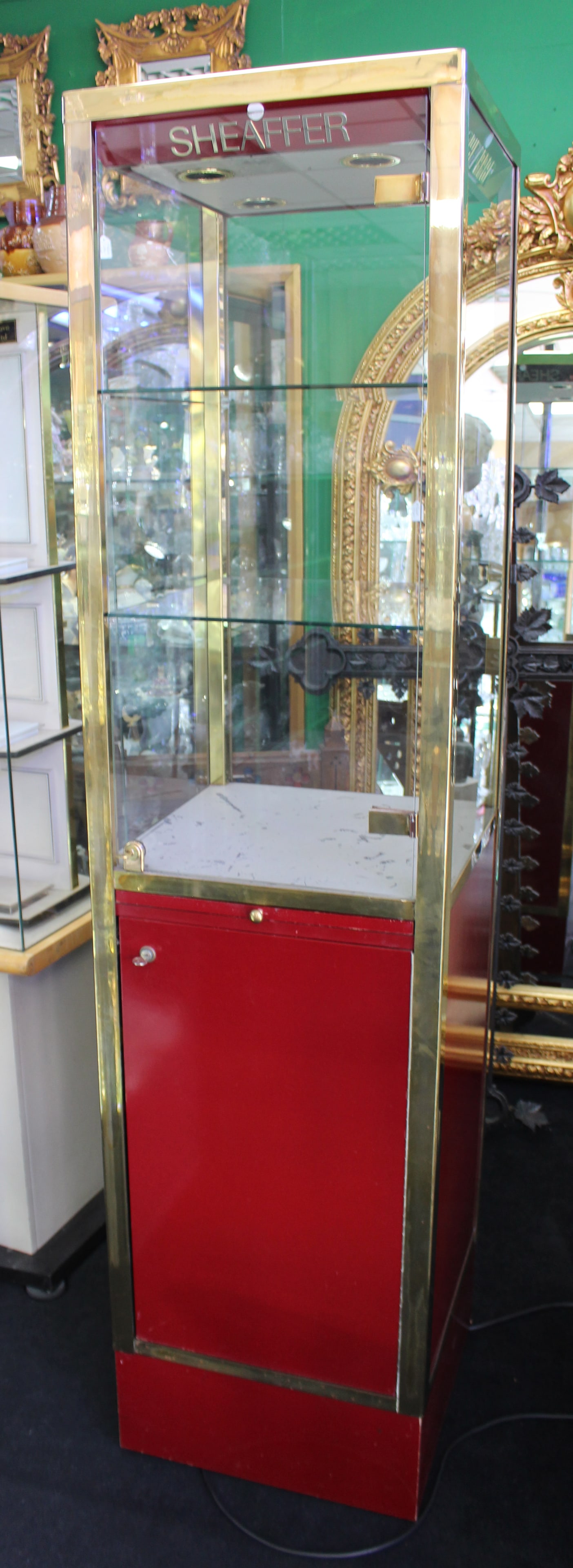 Sheaffer Brass Cased Display Cabinet: Title: Sheaffer Brass Cased Display Cabinet Description: Vintage Sheaffer Brass Glazed Showroom Display Cabinet Vintage showroom display cabinets from the luxury pen retailers Sheaffer
