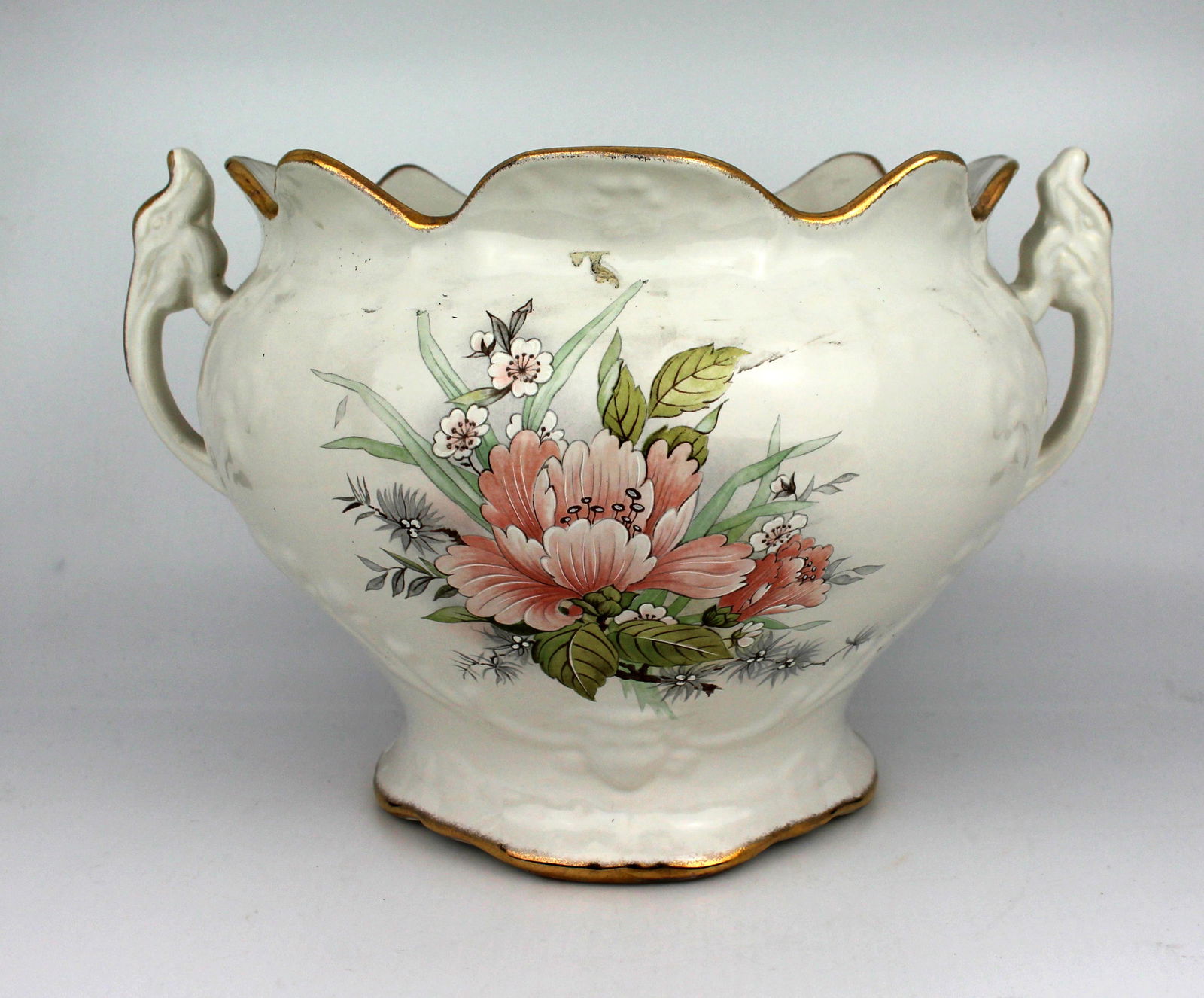 Staffordshire Pottery Two Handled Planter: Title: Staffordshire Pottery Two Handled Planter Description: Staffordshire Pottery Two Handled Planter. Measures 31 x 25 x 19 (height) cm. Chip to rim as pictured