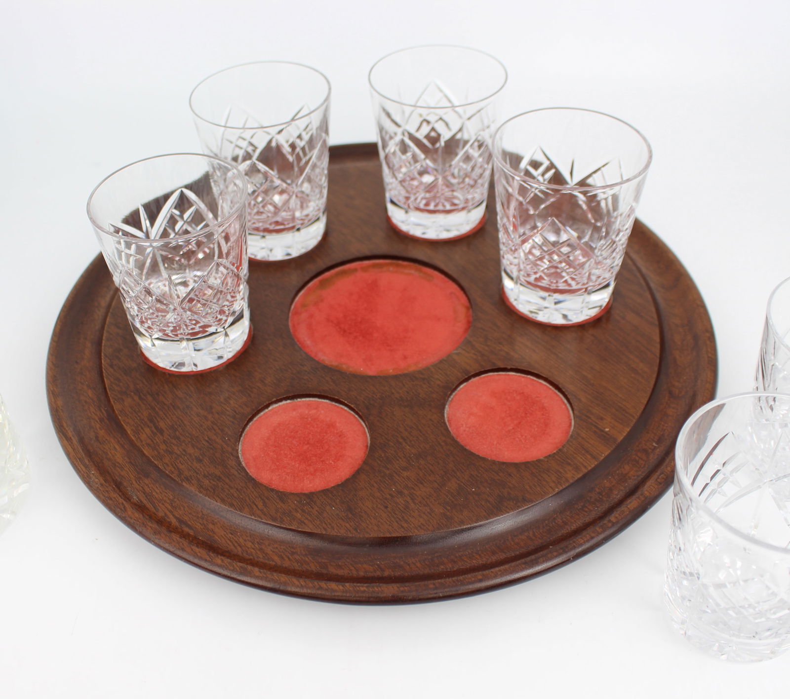 Cut Glass Crystal Decanter & 6 Glasses on Mahogany Stand - 2