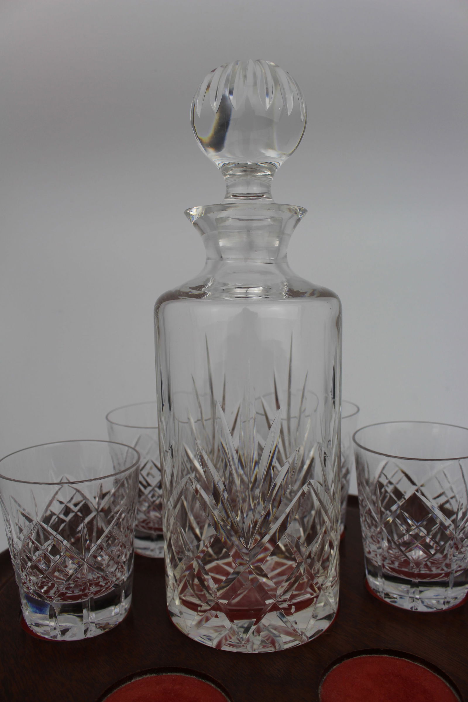 Cut Glass Crystal Decanter & 6 Glasses on Mahogany Stand - 3