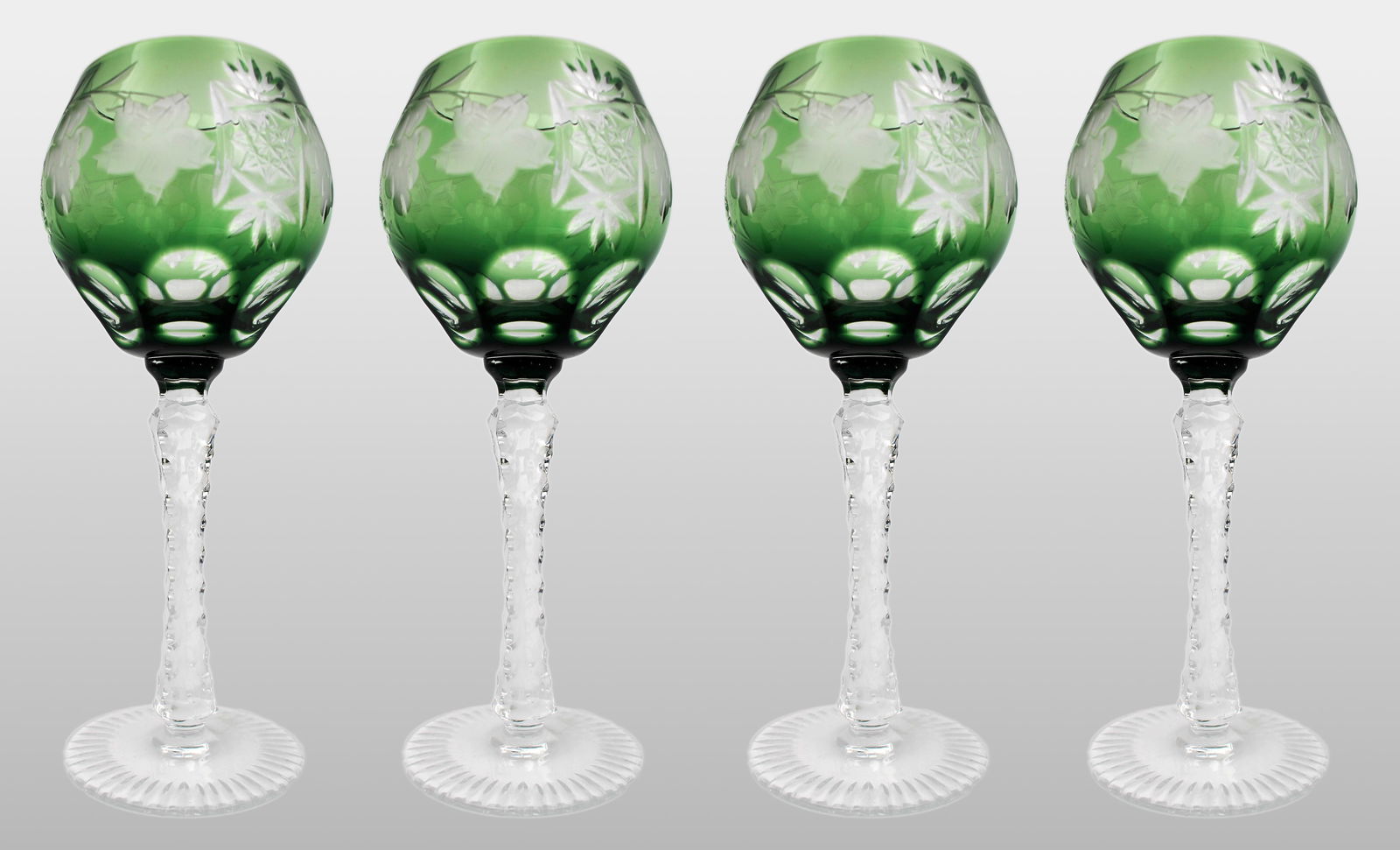Set of 4 Vintage Green Overlay Crystal Wine Glasses: Title: Set of 4 Vintage Green Overlay Crystal Wine Glasses Description: Set of 4 Vintage Green Overlay Cut to Clear Wine Glasses Description: A finely crafted set of five vintage w