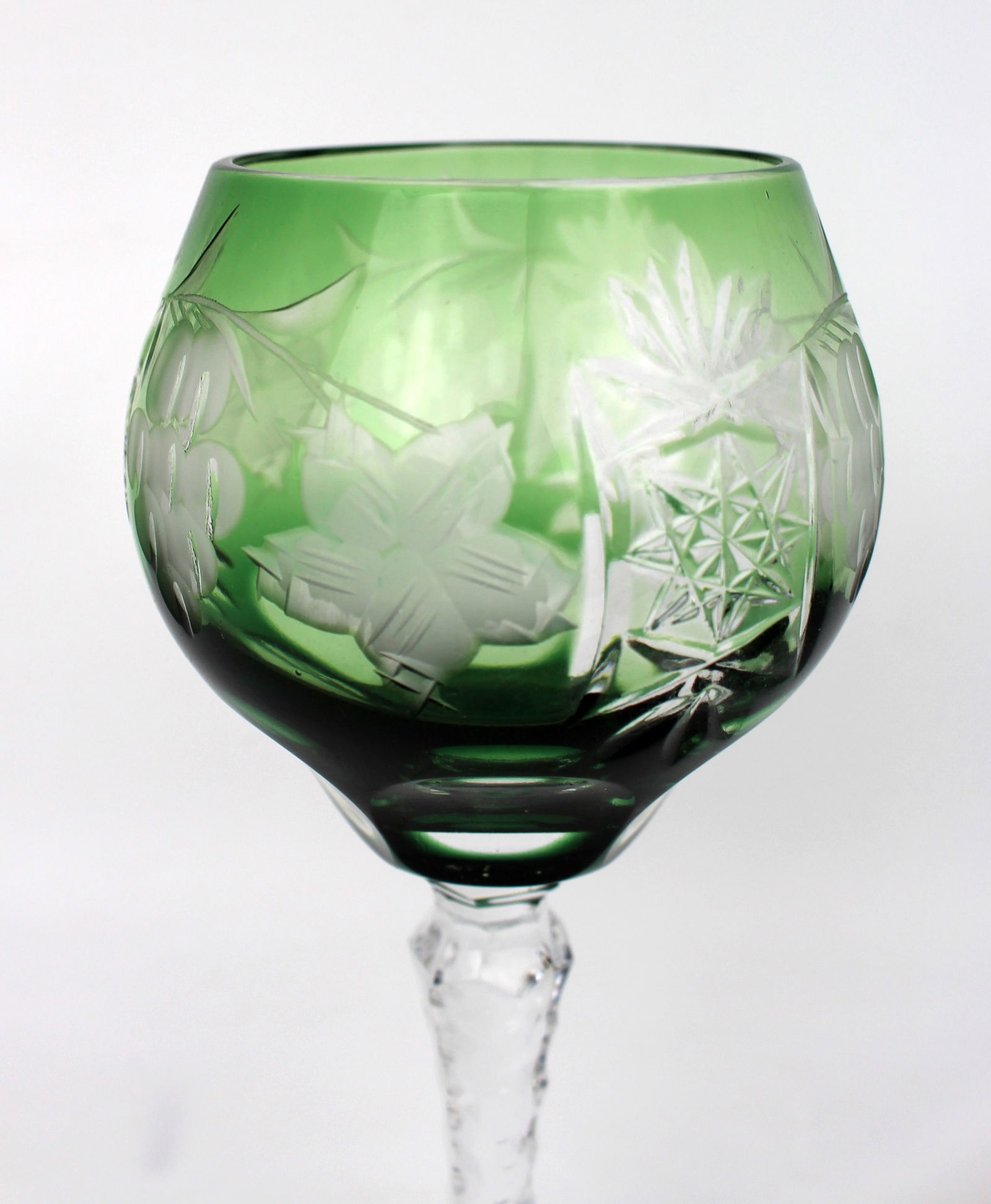 Set of 4 Vintage Green Overlay Crystal Wine Glasses - 4