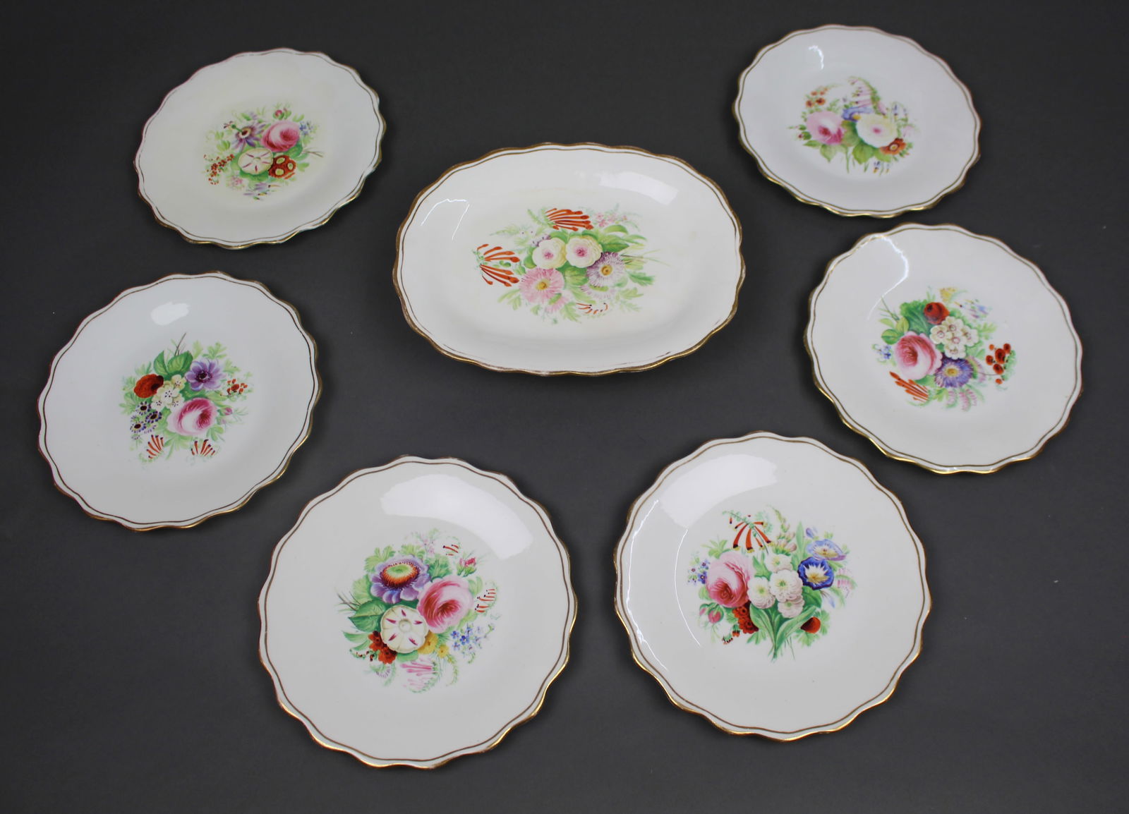 7 Piece Hand Decorated Floral Dessert Set: Title: 7 Piece Hand Decorated Floral Dessert Set Description: 7 Piece Hand Decorated Floral Dessert Set A vintage English bone China dessert set, comprising a raised oval pedestal comp