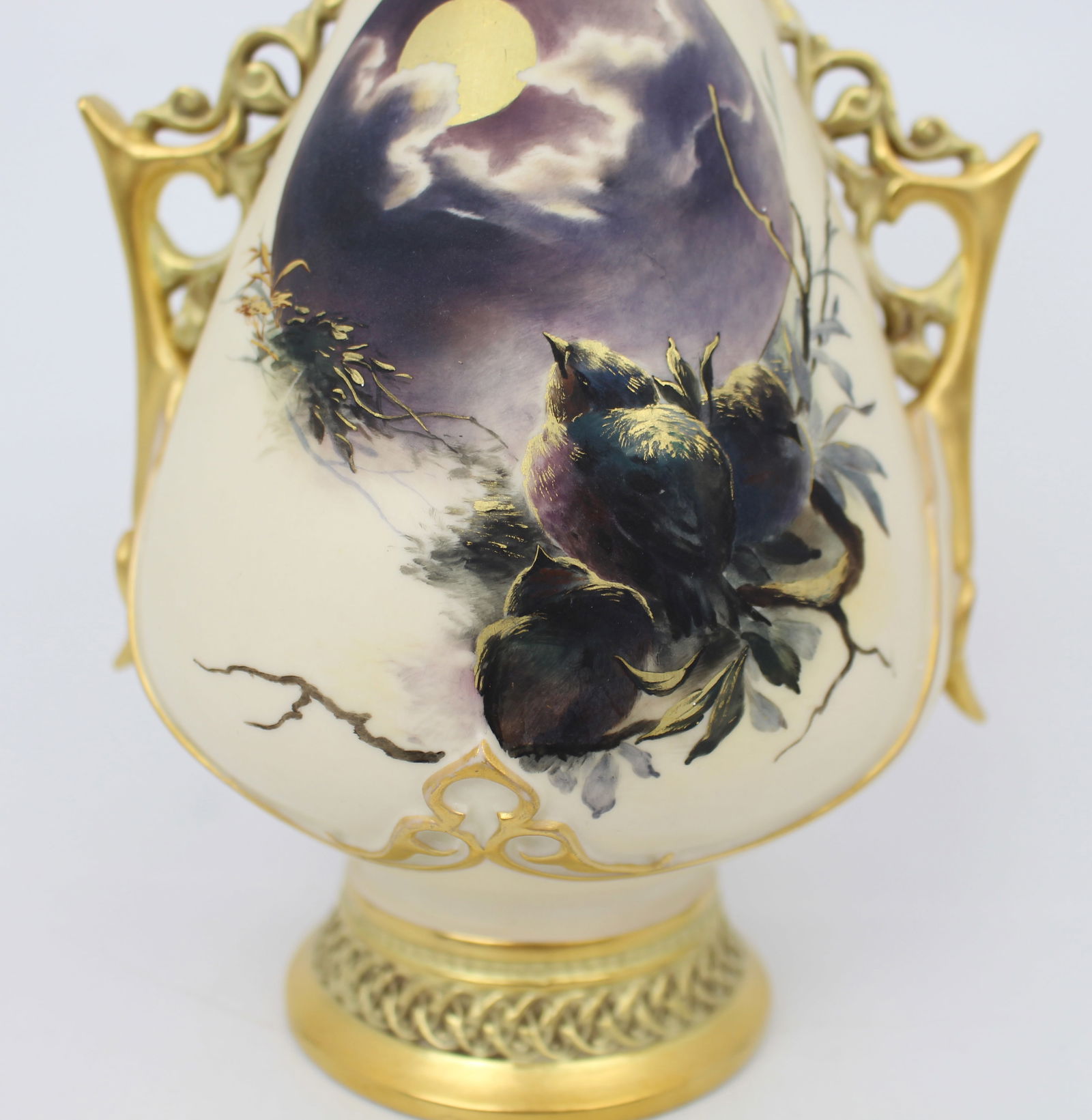 Royal Worcester Blush Ivory Vase with Moonlit Bird Scene, Dated 1887 — Damaged - 2