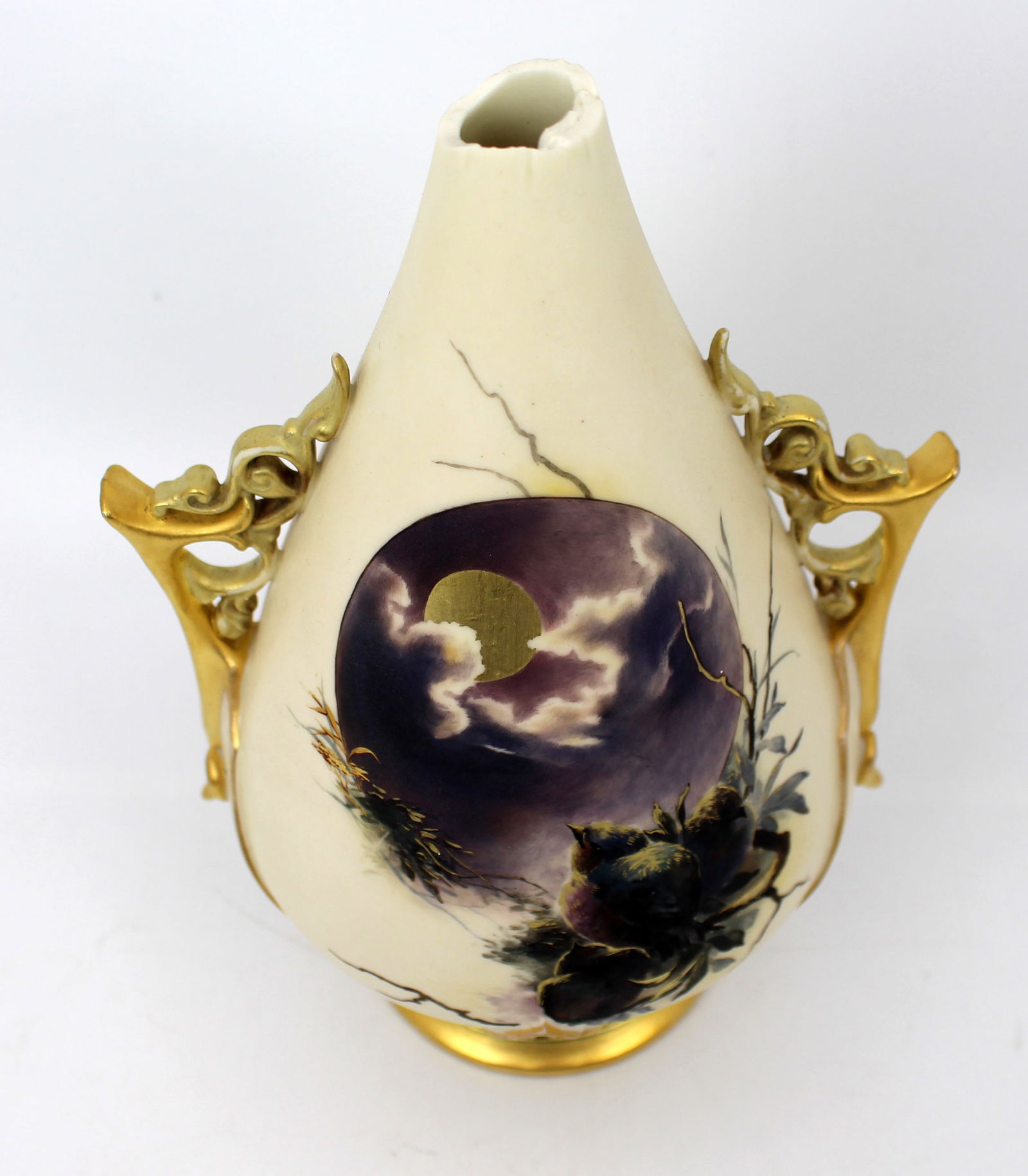 Royal Worcester Blush Ivory Vase with Moonlit Bird Scene, Dated 1887 — Damaged - 5