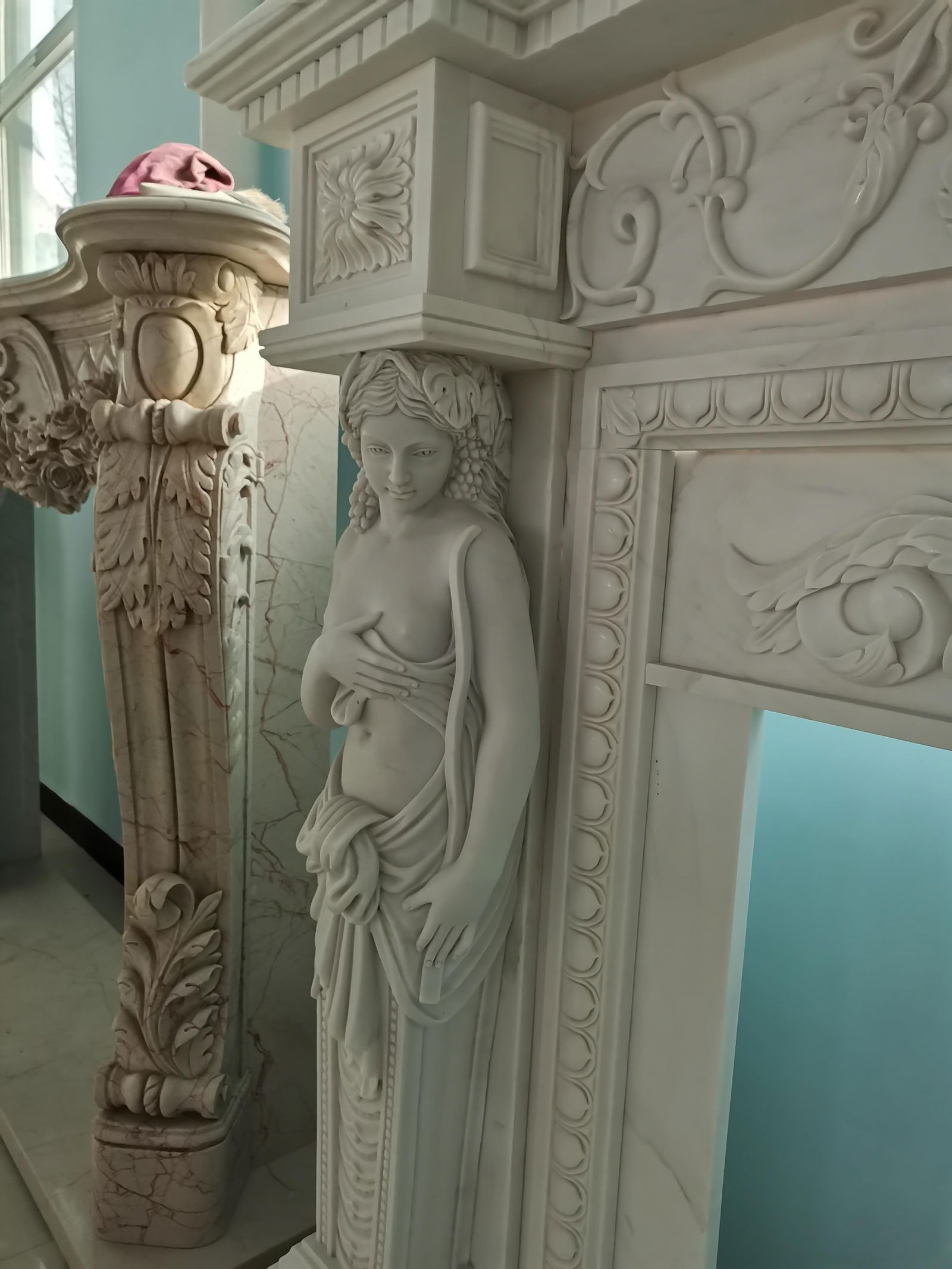 Carved White Marble Fire Surround with Caryatid Figures - 10