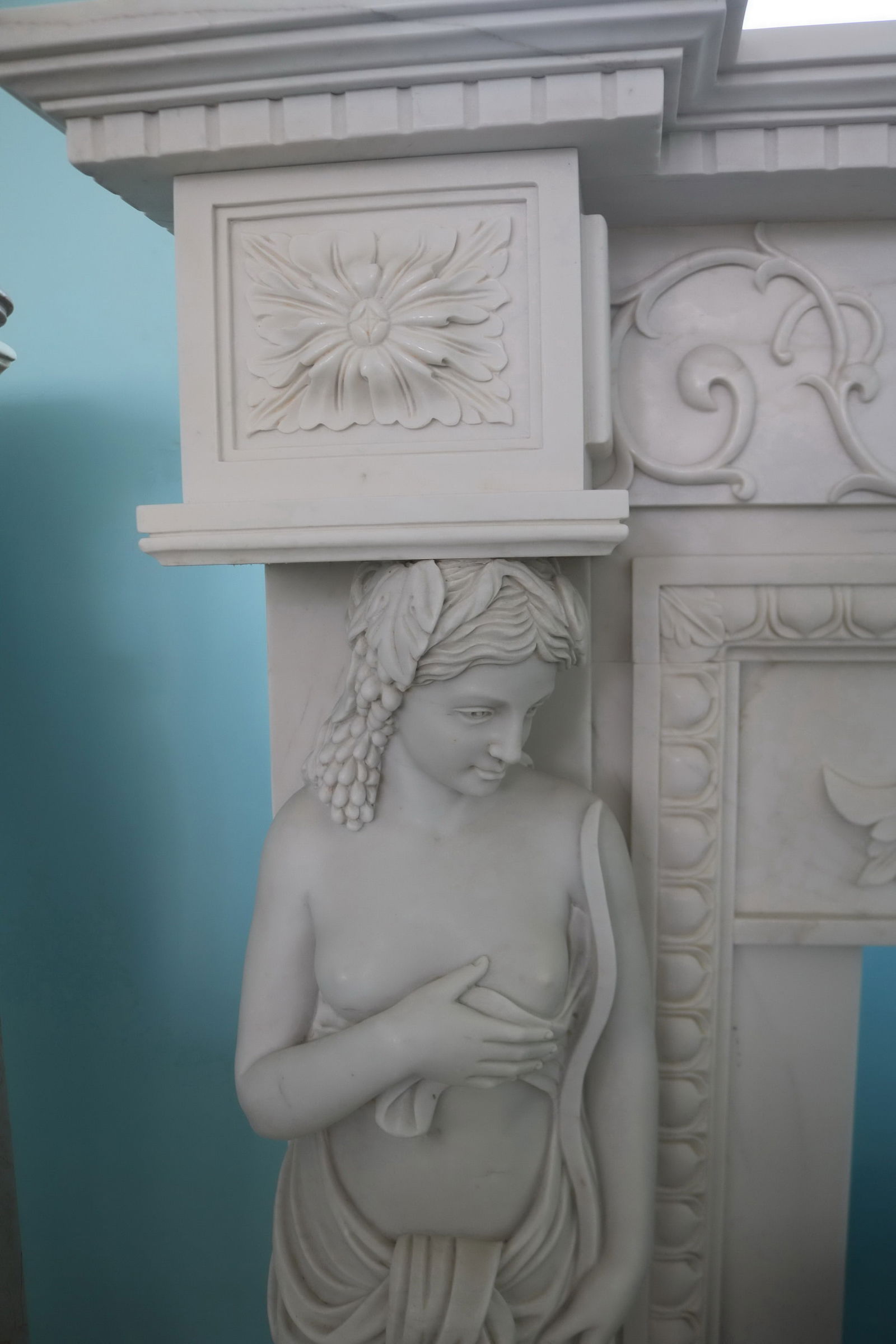 Carved White Marble Fire Surround with Caryatid Figures - 6