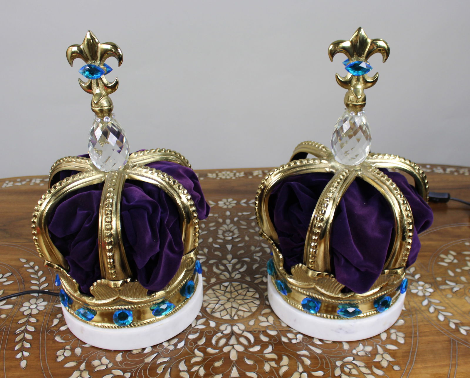 Pair of Decorative Crown Coronet Lamps with Marble Bases - 2