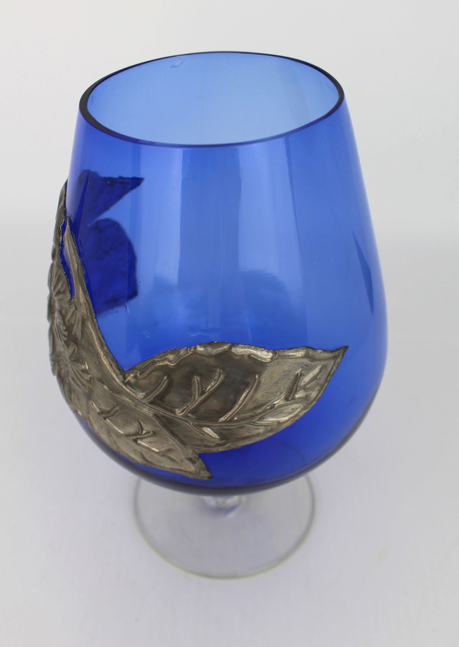 Antique Blue Glass Goblet with Pewter Mounts, Art Nouveau, c.1900 - 3
