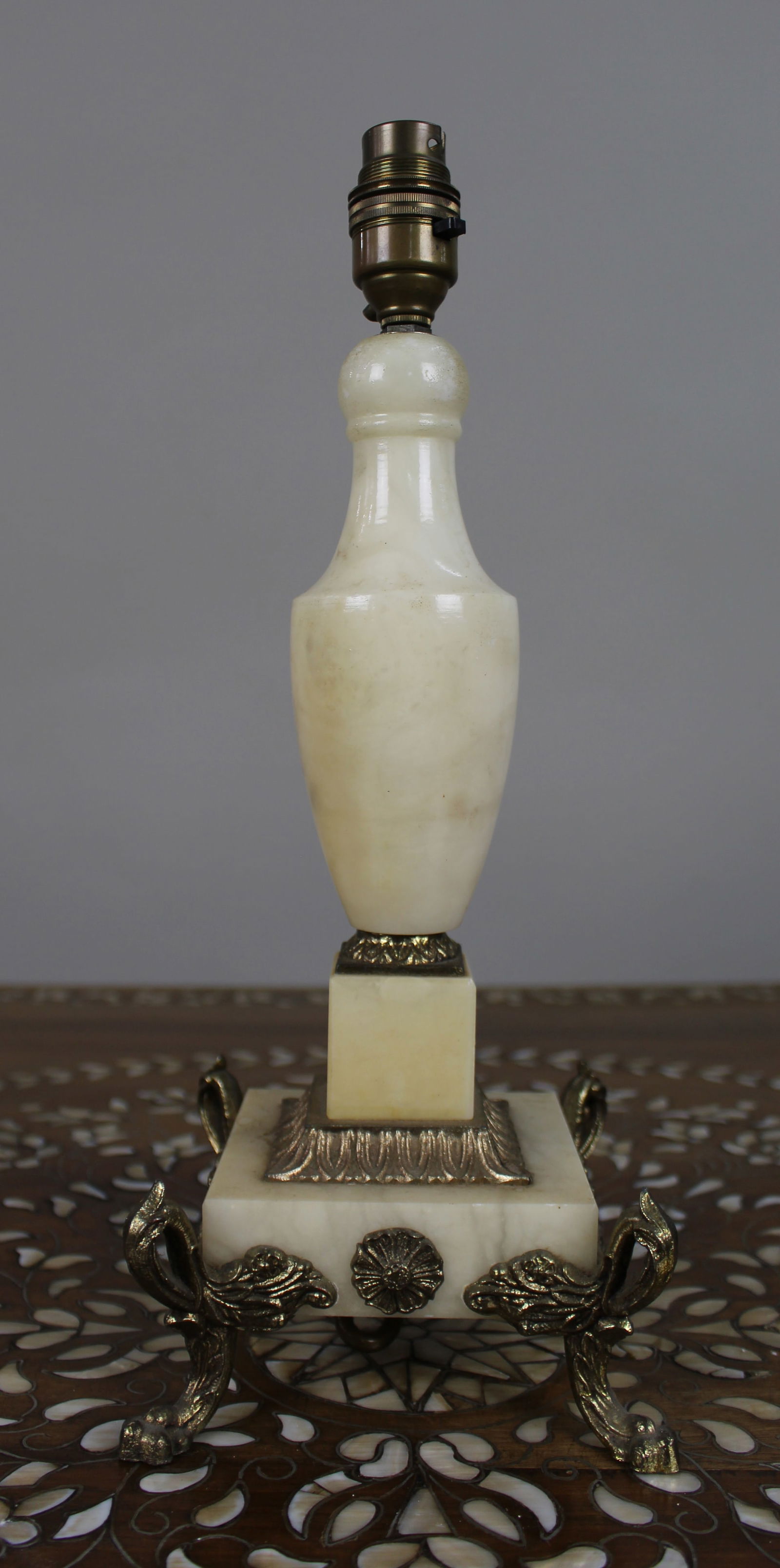 Vintage Alabaster and Metal Mounted Table Lamp: Title: Vintage Alabaster and Metal Mounted Table Lamp Description: Vintage Alabaster and Metal Mounted Table Lamp A decorative vintage table lamp, c.1930–1950, the body of turned