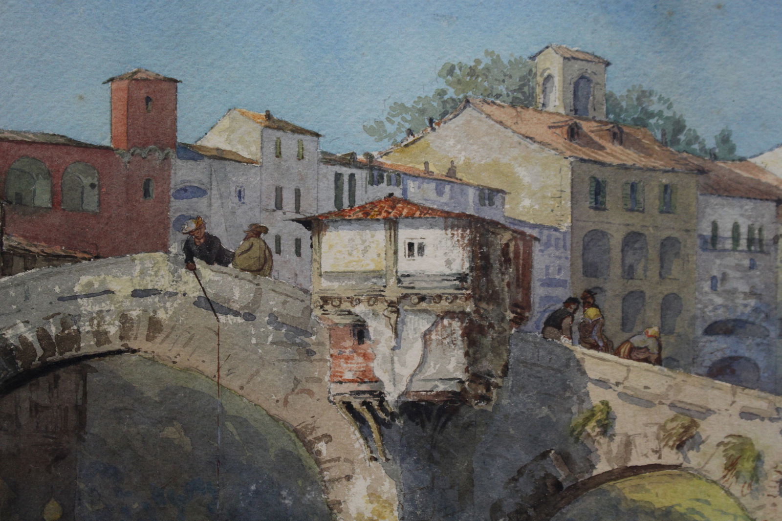 19th Century Watercolour – Italian Stone Bridge Scene, Signed J.L. 1877 - 2