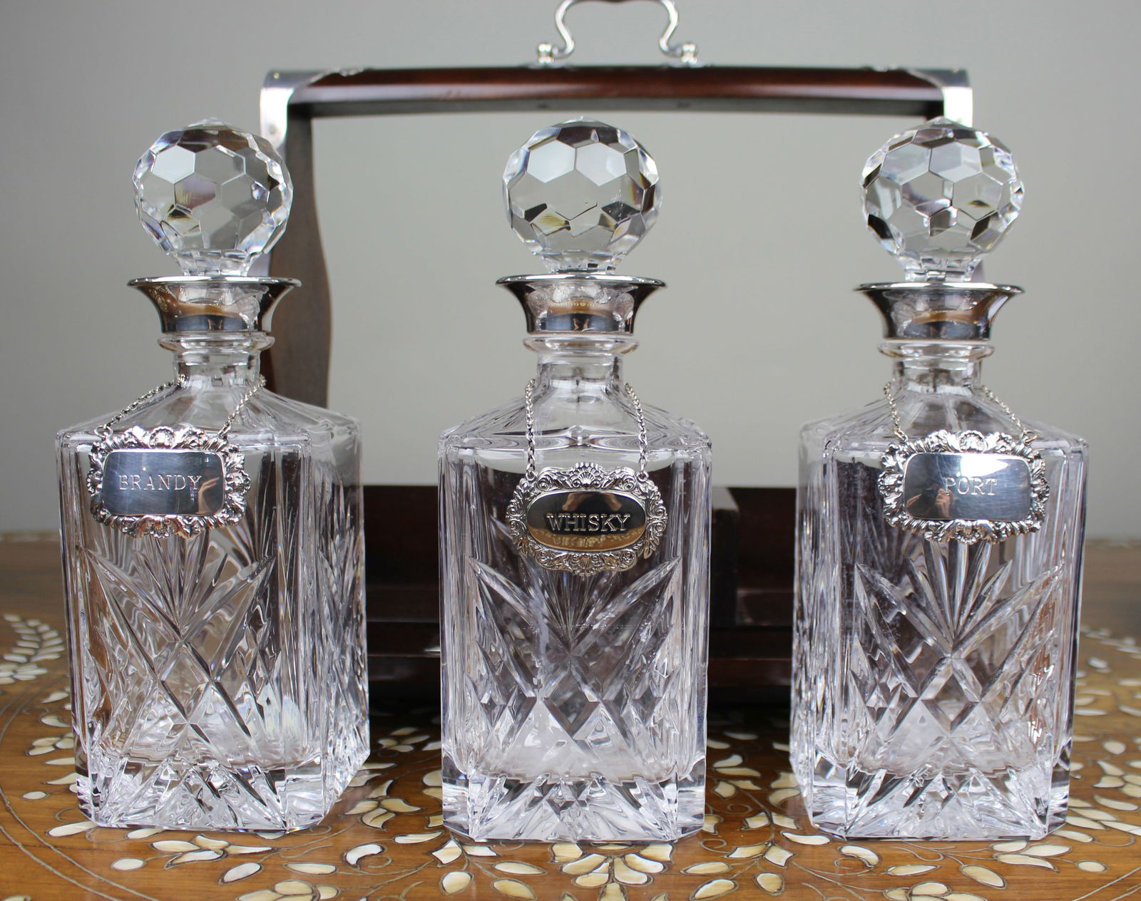 Vintage Mahogany Three Bottle Cut Crystal Tantalus with Silver Plated Mounts - 12