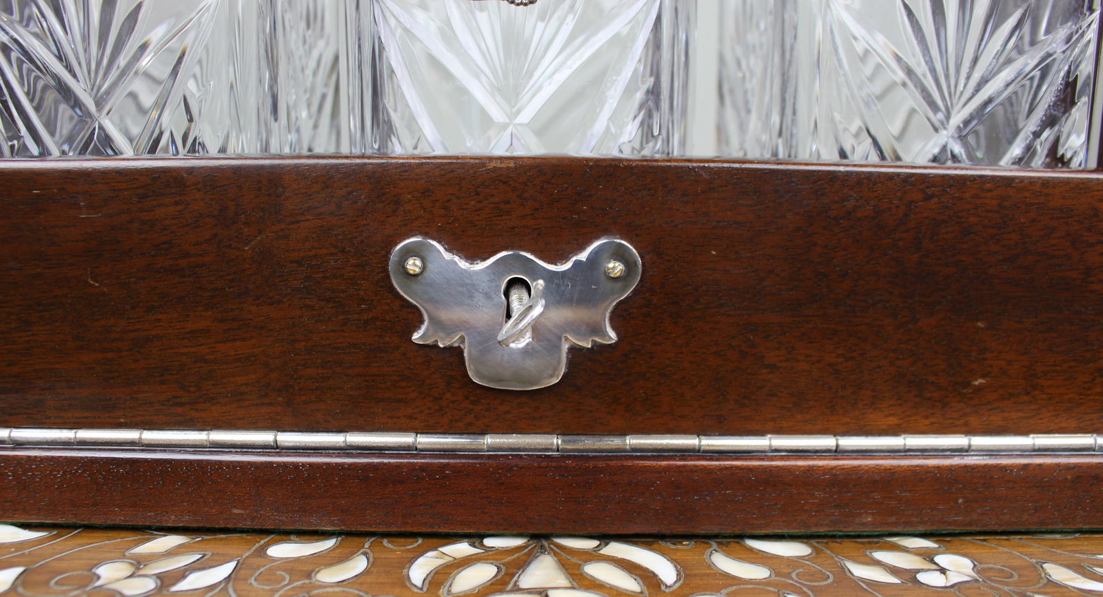 Vintage Mahogany Three Bottle Cut Crystal Tantalus with Silver Plated Mounts - 2