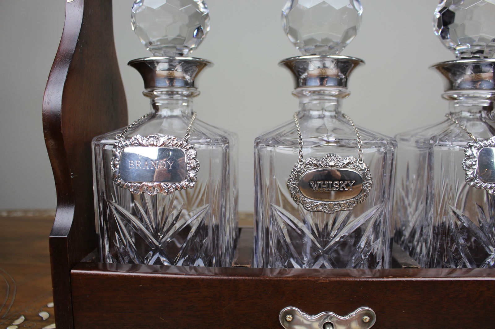 Vintage Mahogany Three Bottle Cut Crystal Tantalus with Silver Plated Mounts - 3