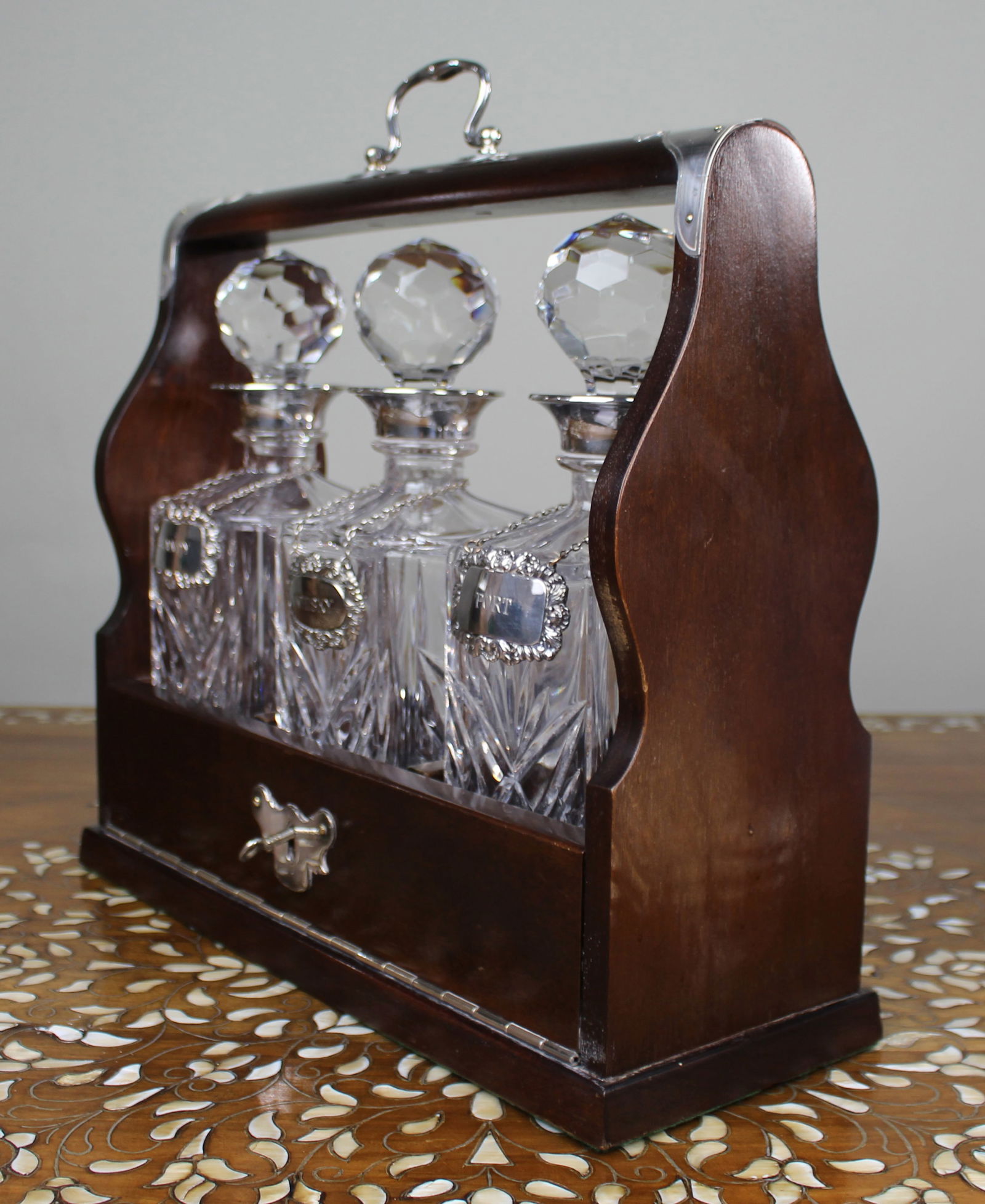 Vintage Mahogany Three Bottle Cut Crystal Tantalus with Silver Plated Mounts - 5