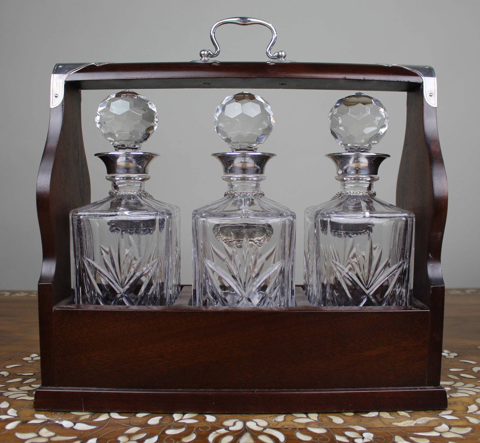 Vintage Mahogany Three Bottle Cut Crystal Tantalus with Silver Plated Mounts - 7