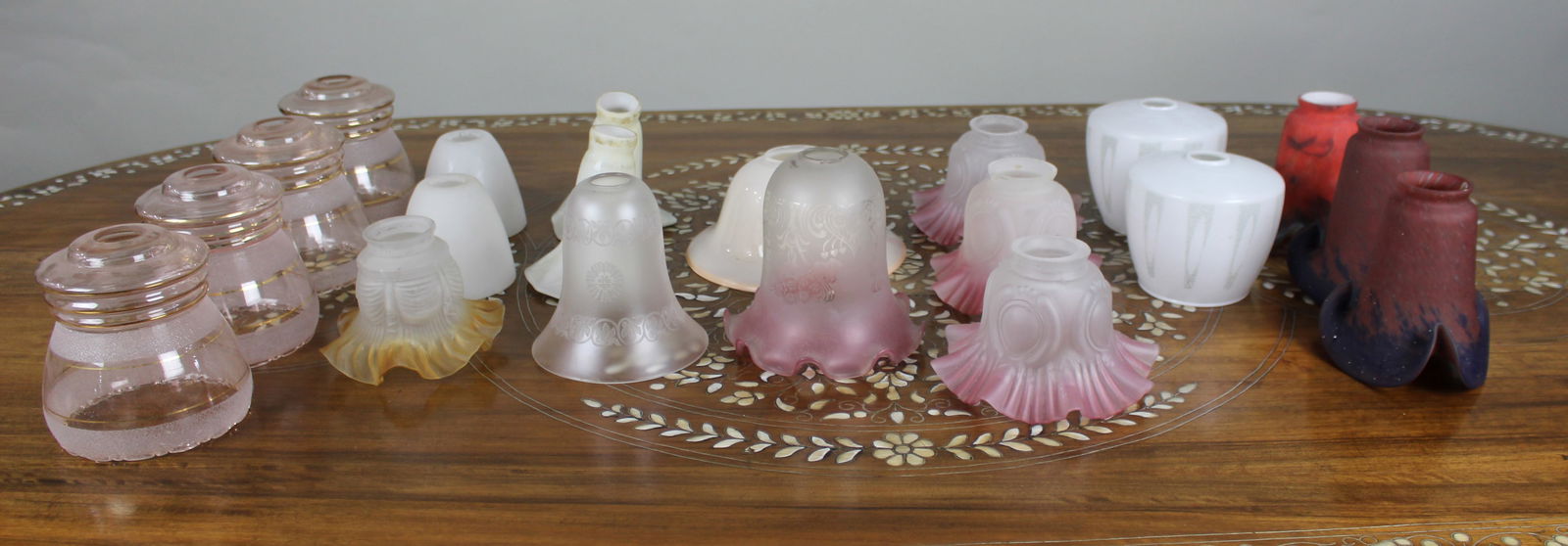 Collection of Vintage Glass Lampshades: Title: Collection of Vintage Glass Lampshades Description: Collection of Vintage Glass Lampshades. 20 shades, as pictured Condition: Used Location Category: Antiques"