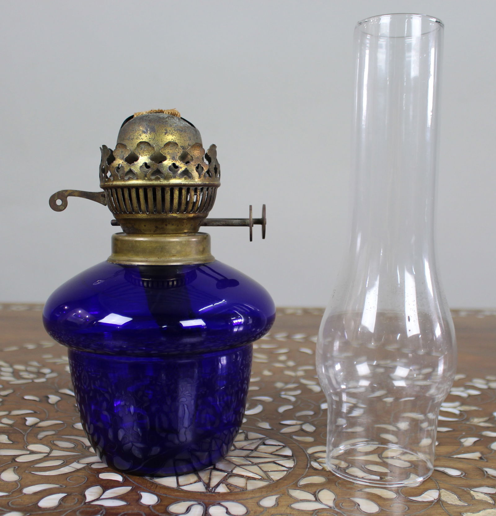Antique Cobalt Blue Glass Oil Lamp - 7