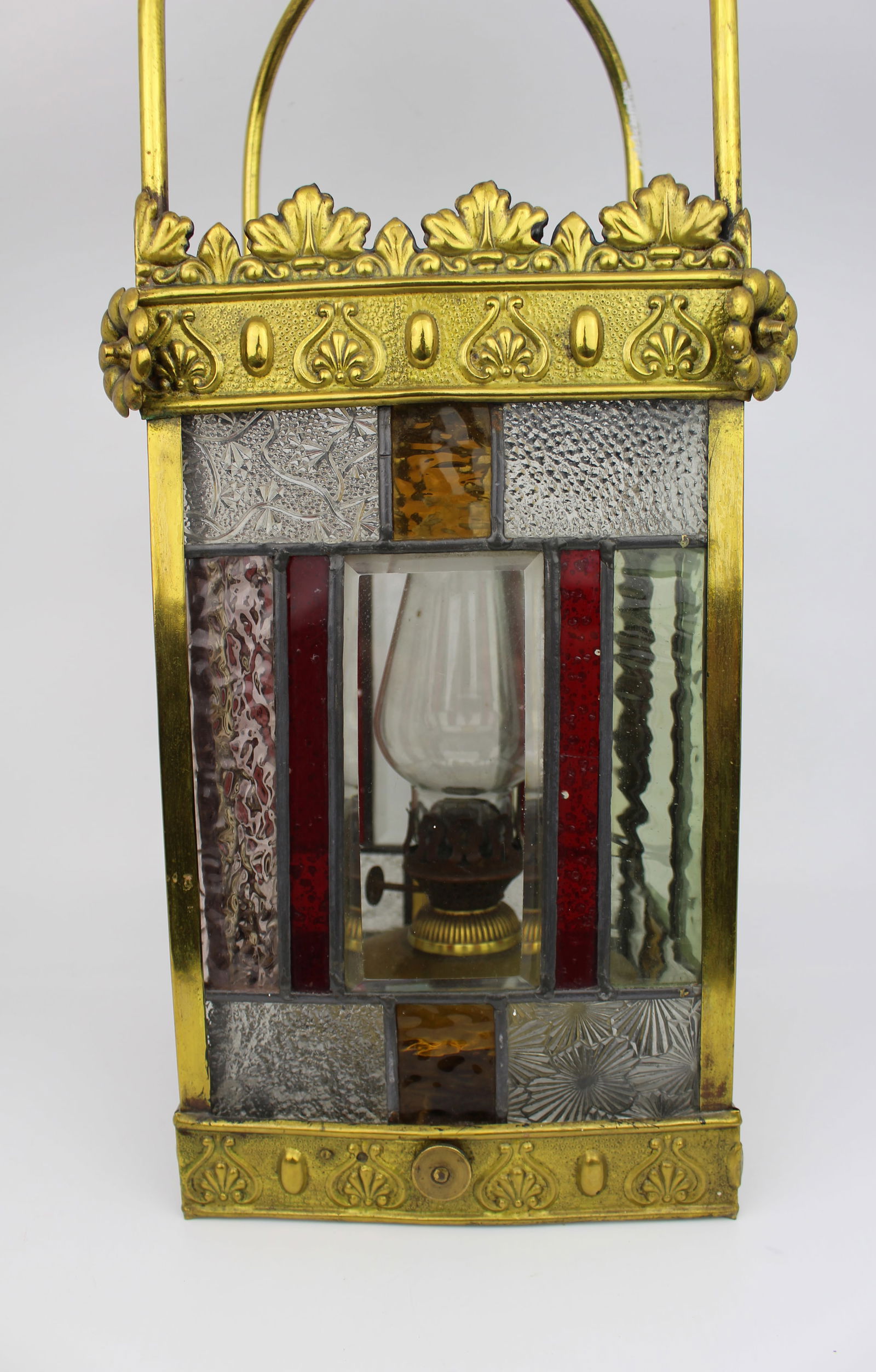 Victorian Arts & Crafts Stained Glass Oil Lamp Hall Lantern - 2