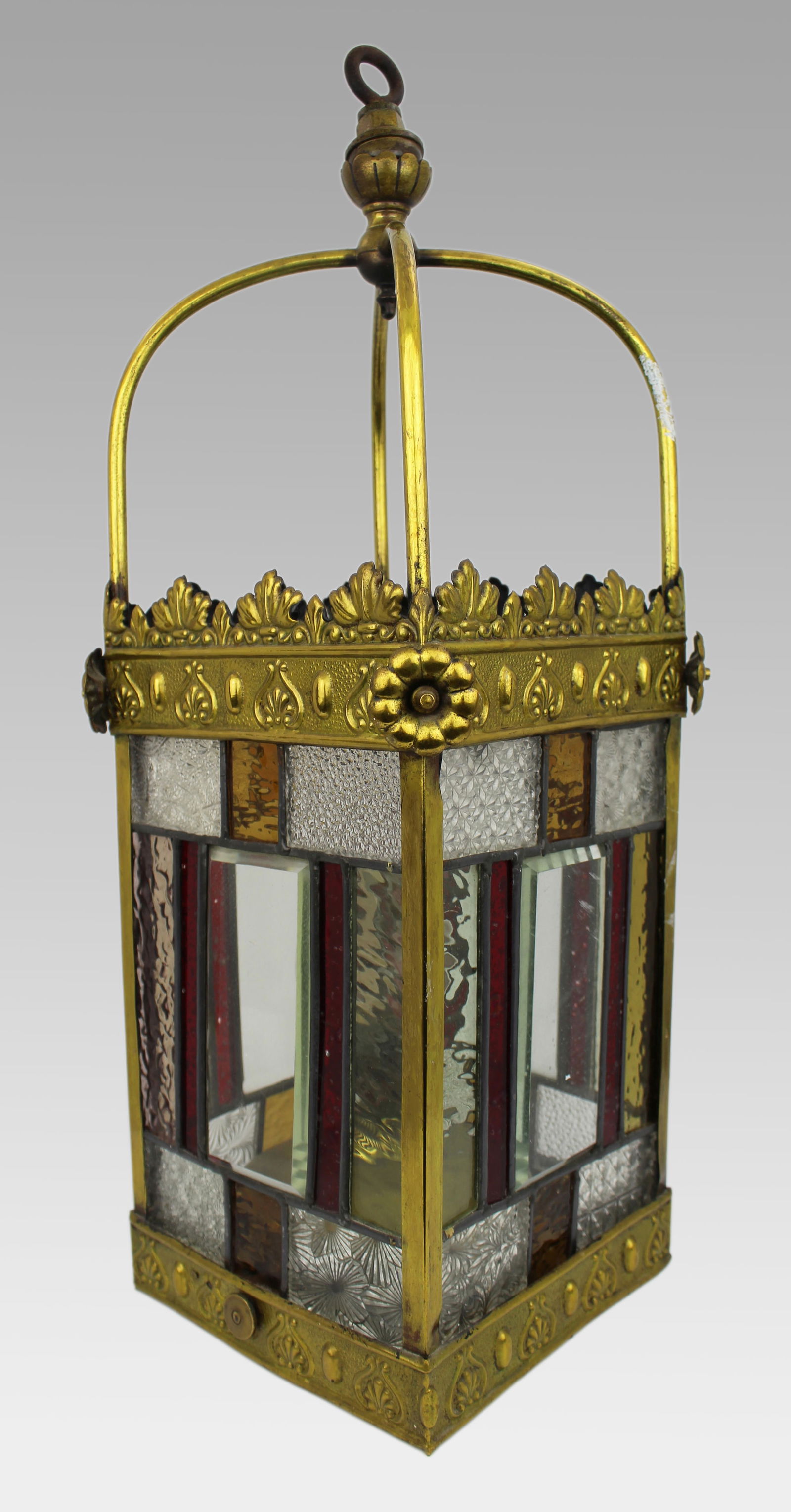 Victorian Arts & Crafts Stained Glass Oil Lamp Hall Lantern - 3