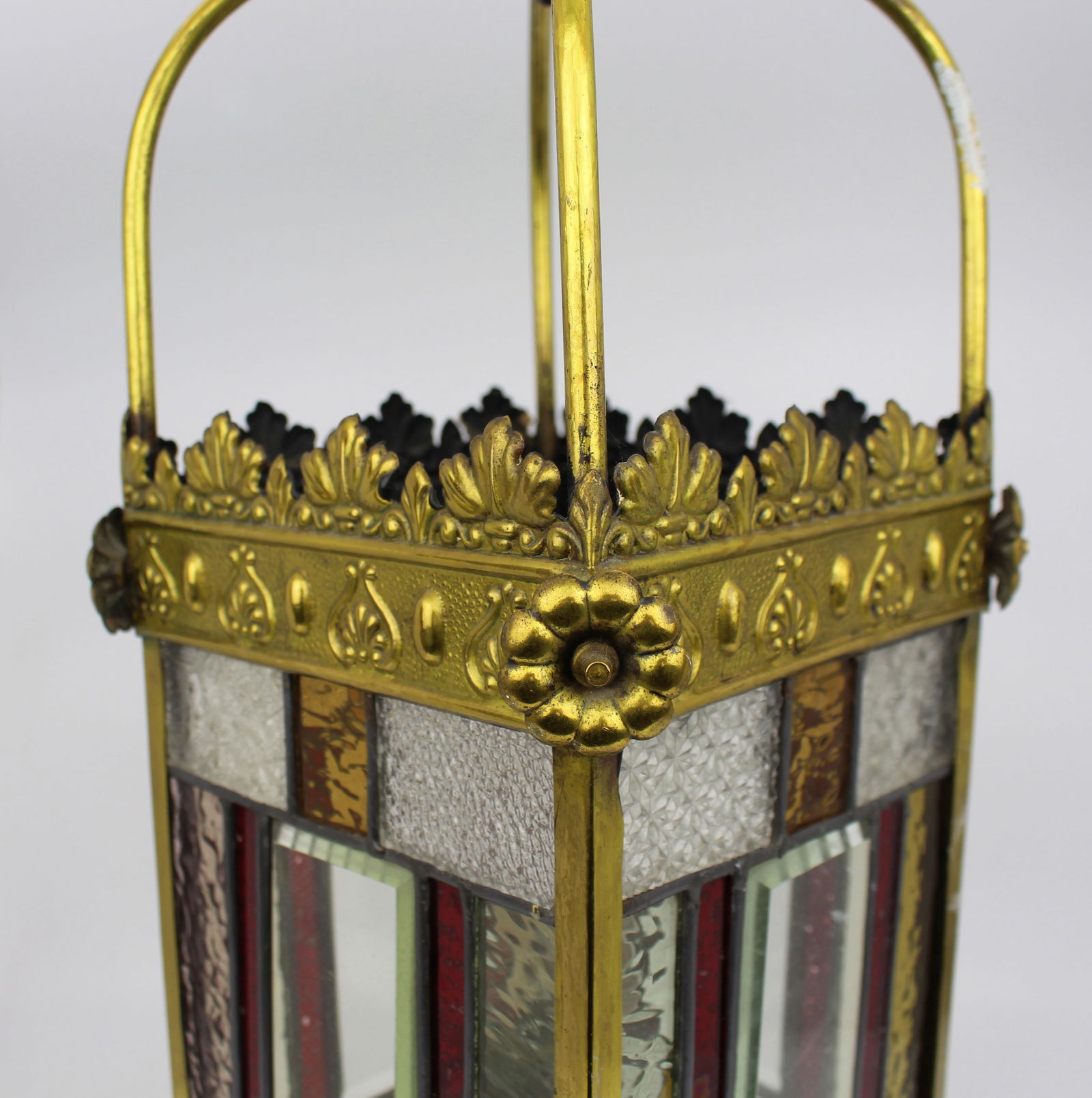 Victorian Arts & Crafts Stained Glass Oil Lamp Hall Lantern - 4