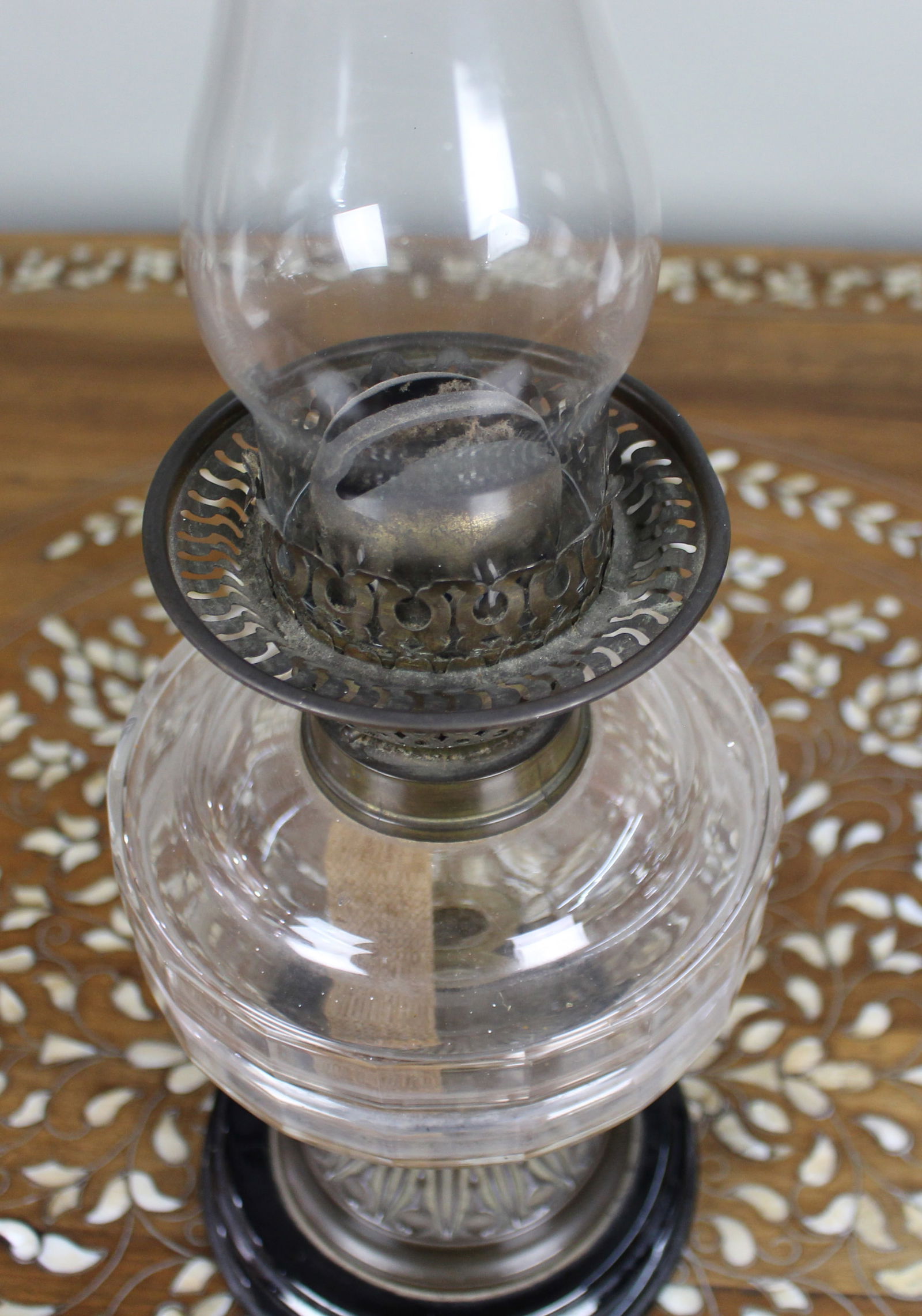 British Oil Lamp with Clear Glass Font and Bronze Base, c.1920 - 5
