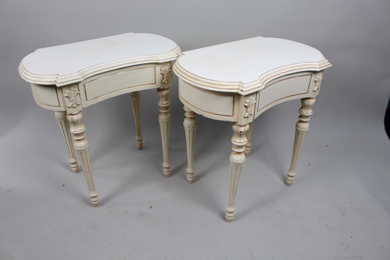 Pair of Cream Decapé Console Tables with Drawers - 2