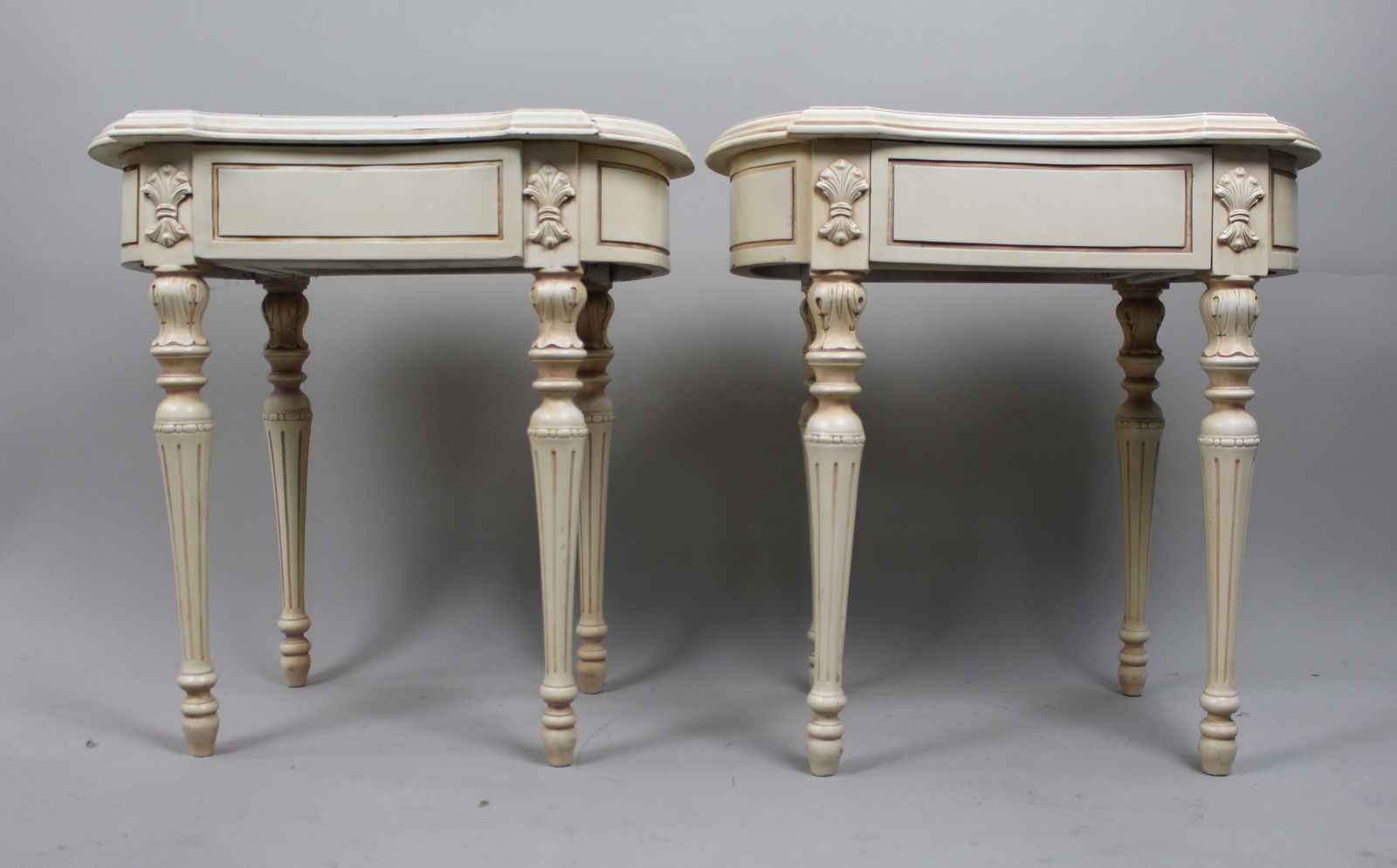 Pair of Cream Decapé Console Tables with Drawers - 3