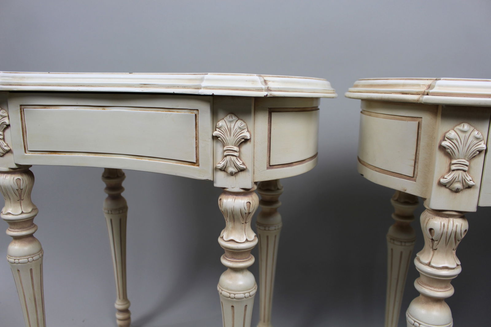 Pair of Cream Decapé Console Tables with Drawers - 6