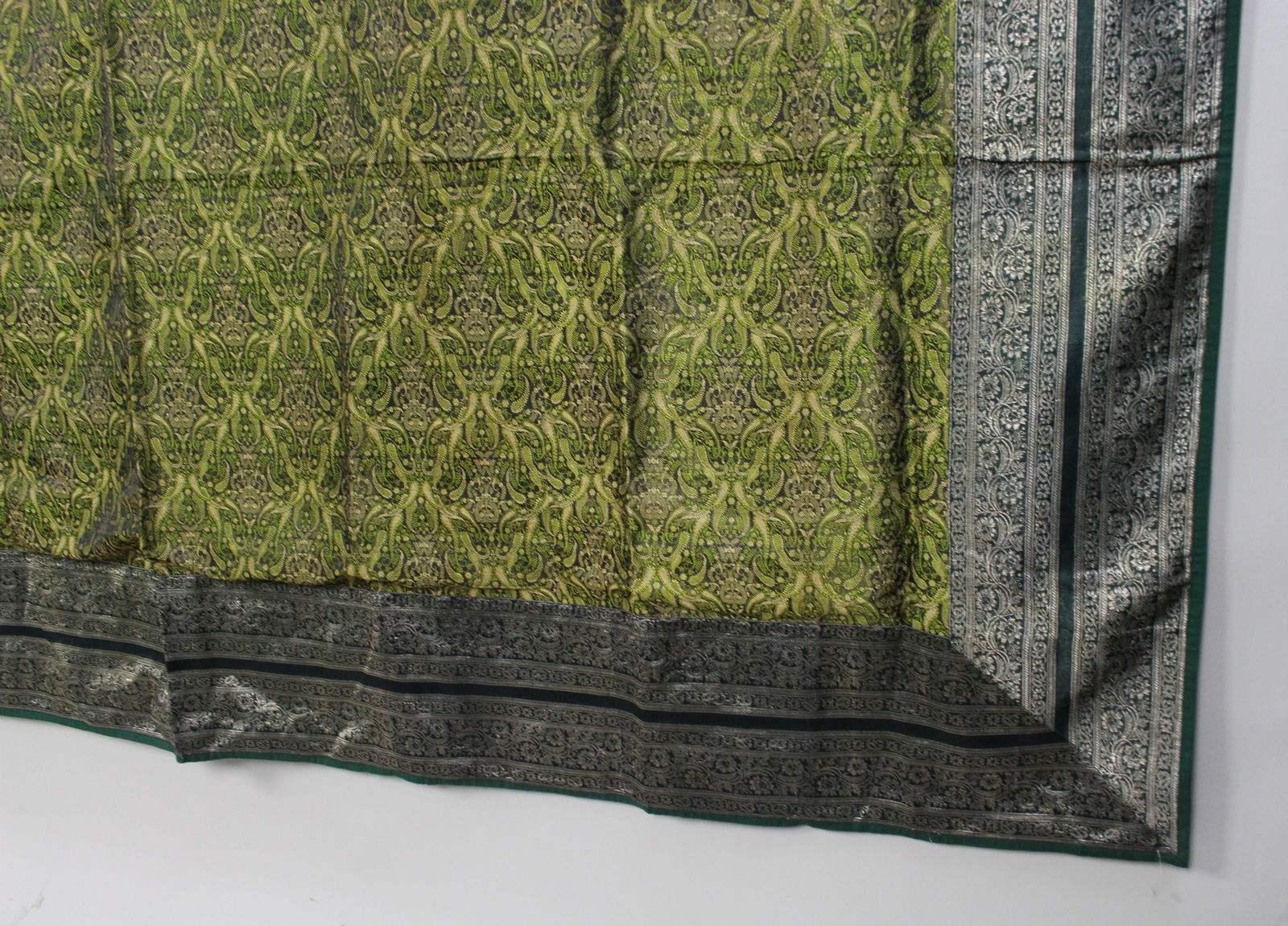 Indian Green & Silver Silk Brocade Bed Throw / Cover - 2