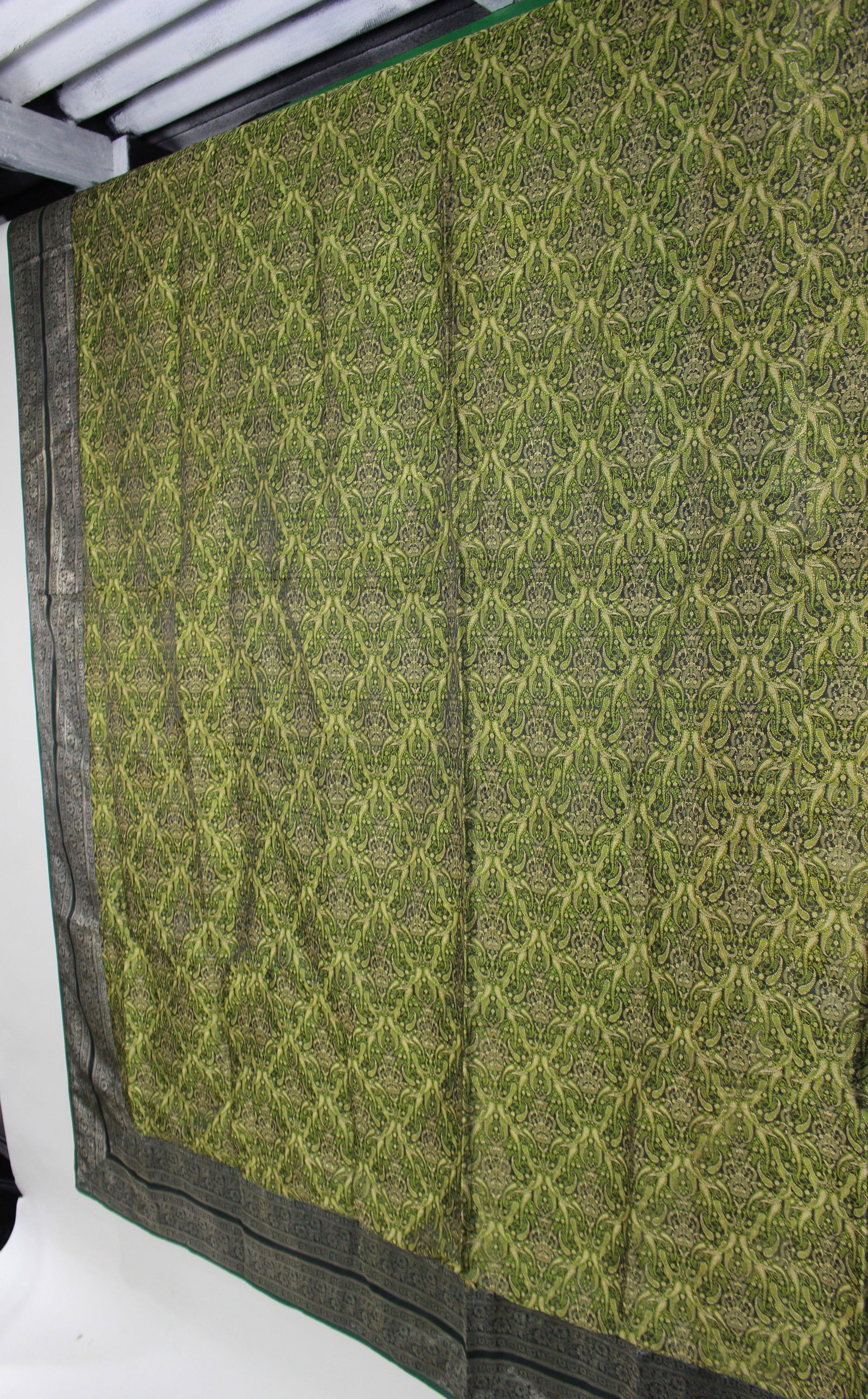 Indian Green & Silver Silk Brocade Bed Throw / Cover - 3