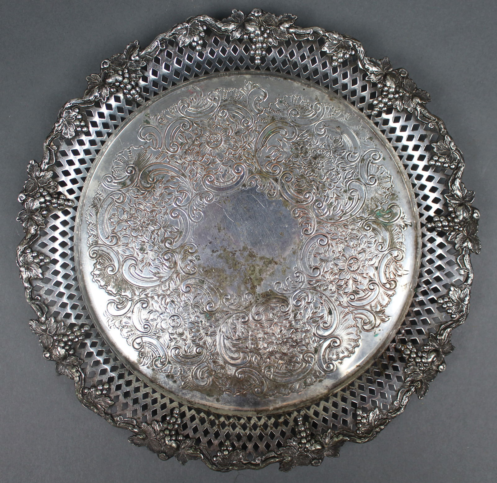 Antique Ornate Silver Plated Pierced Rim Tray c.1900 (1 of 3)