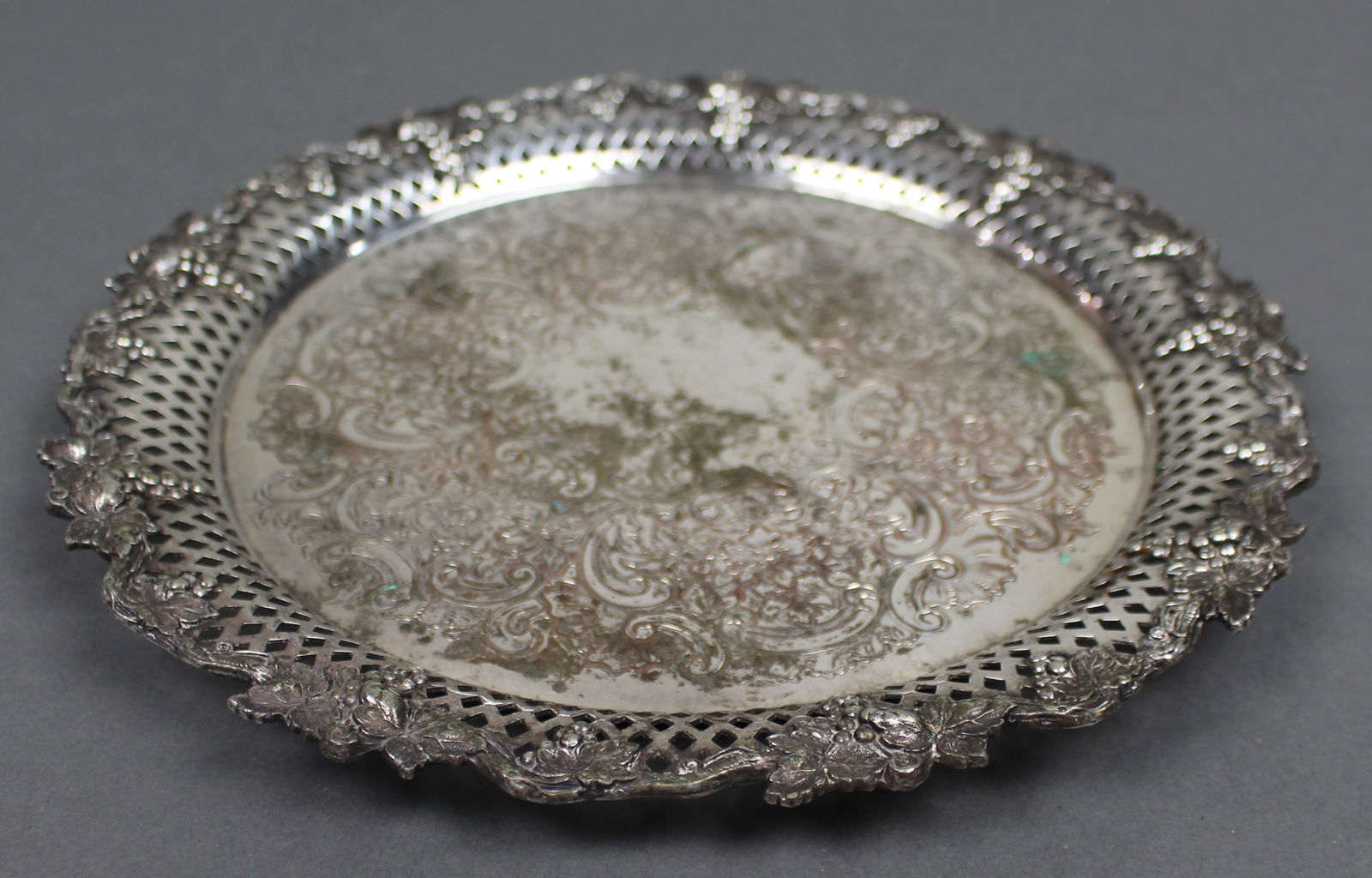 Antique Ornate Silver Plated Pierced Rim Tray c.1900 - 2