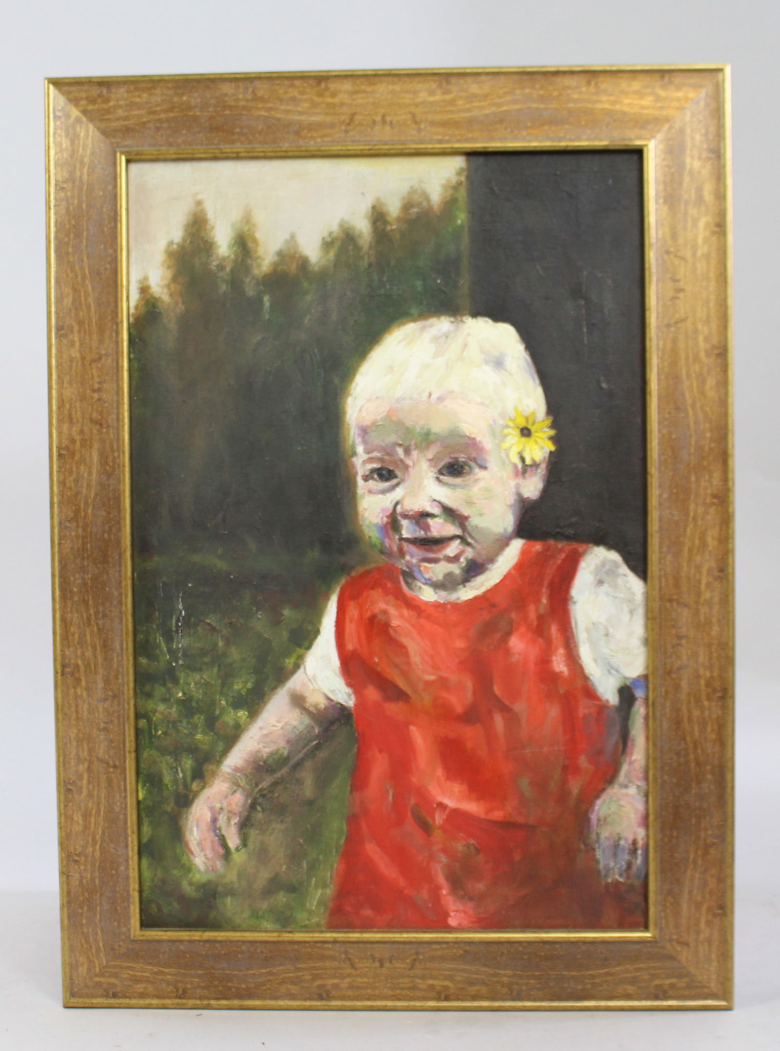 Child Oil on Canvas Set in Gilt Frame: Title: Child Oil on Canvas Set in Gilt Frame Description: Impasto. Oil on canvas. Tear to the canvas. Good quality contemporary frame. Frame measures 52.5 x 72.5 cm <