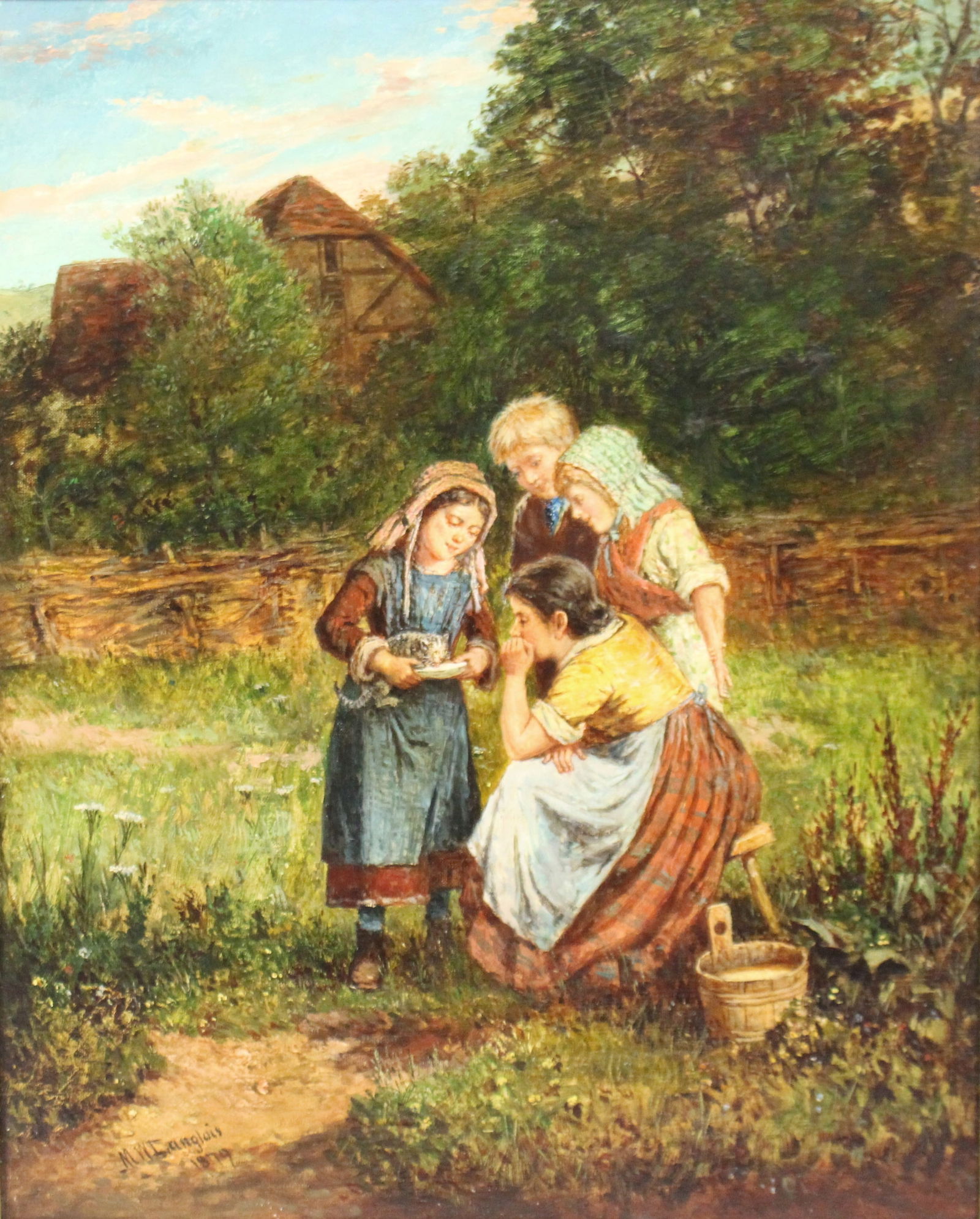Victorian Oil Painting – "Feeding the Kitten" by Mark William Langlois (British, 1848–19 - 2