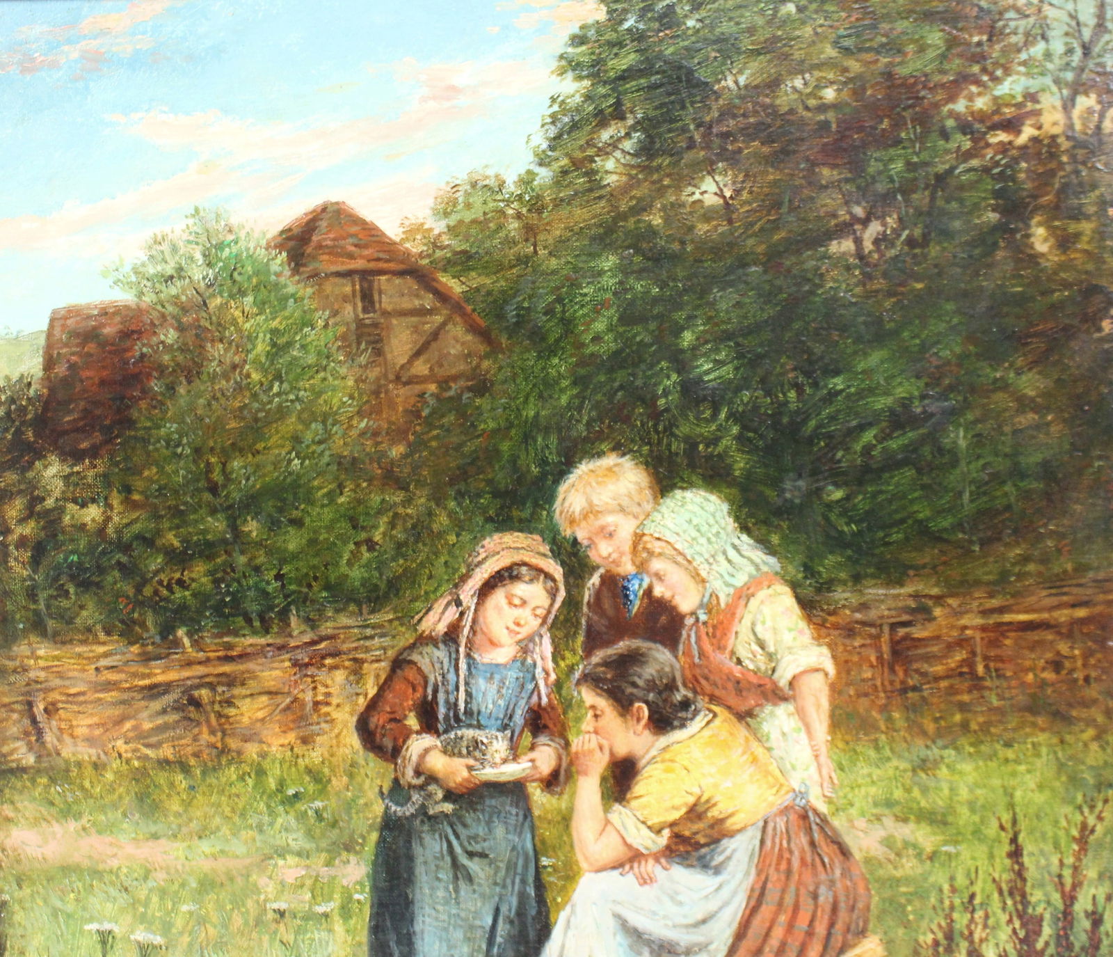 Victorian Oil Painting – "Feeding the Kitten" by Mark William Langlois (British, 1848–19 - 3