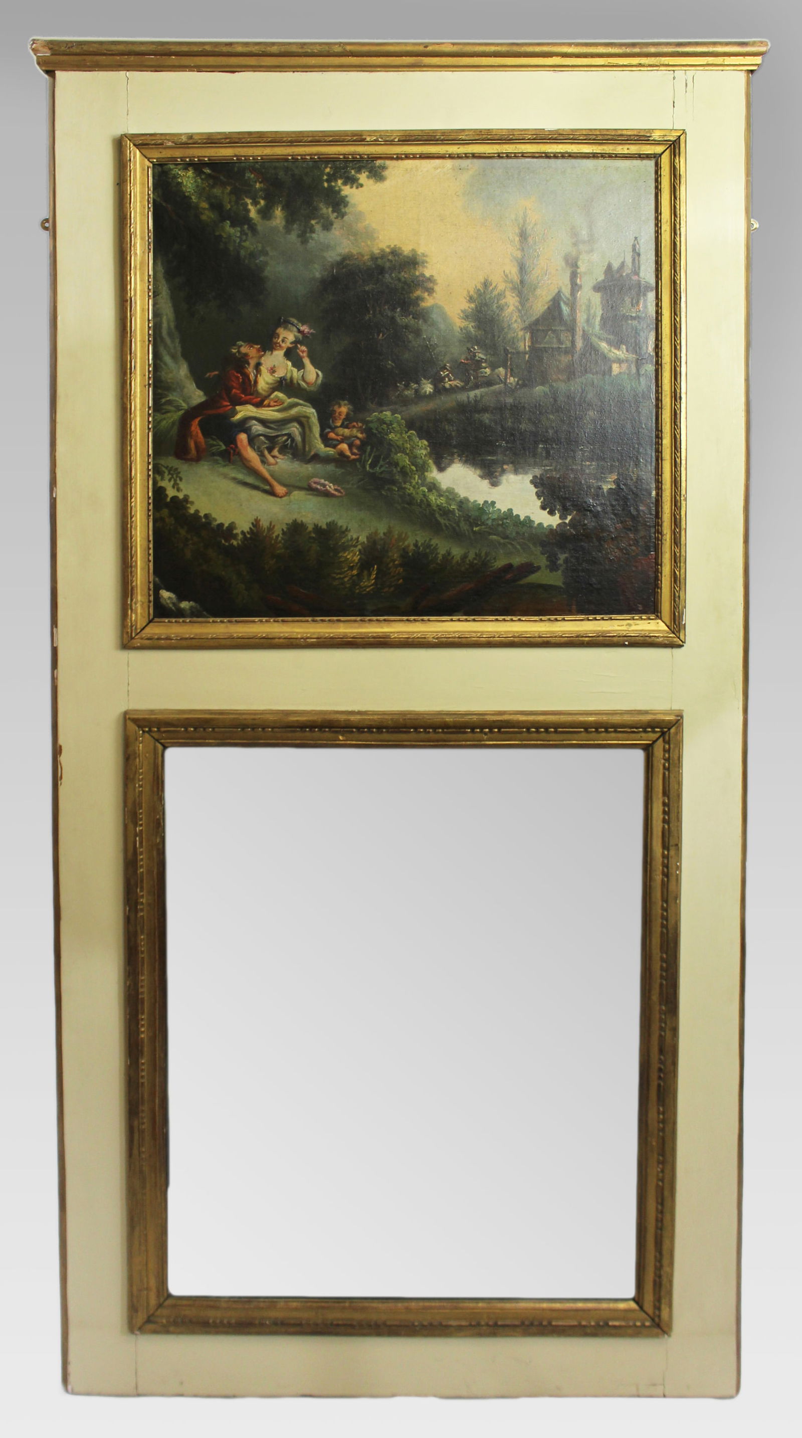Tall French Trumeau Mirror with Pastoral Oil Painting c.1890: Title: Tall French Trumeau Mirror with Pastoral Oil Painting c.1890 Description: Tall French Trumeau Mirror with Pastoral Oil Painting c.1890 A charming and decorative French trumeau mi