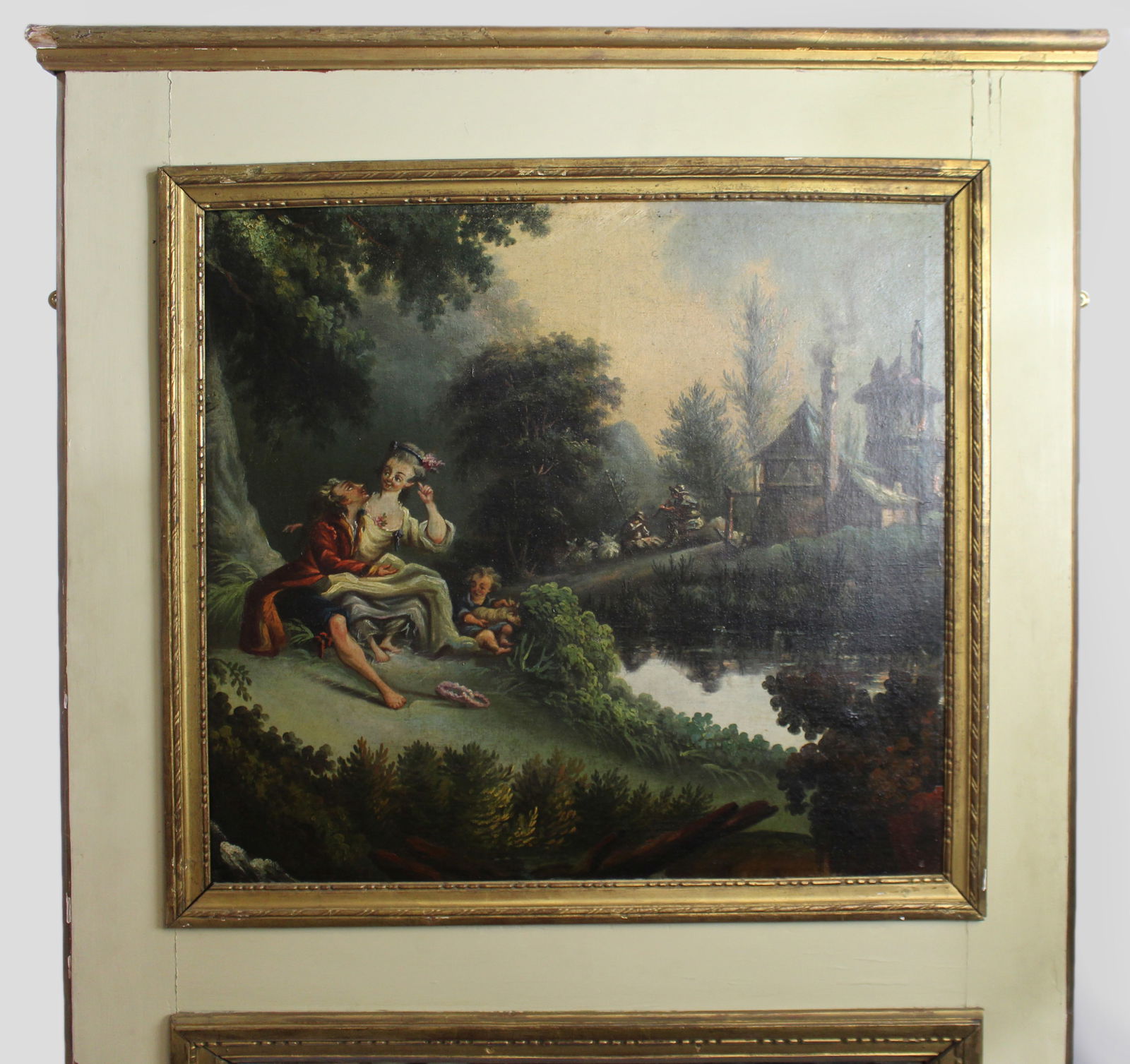 Tall French Trumeau Mirror with Pastoral Oil Painting c.1890 - 2