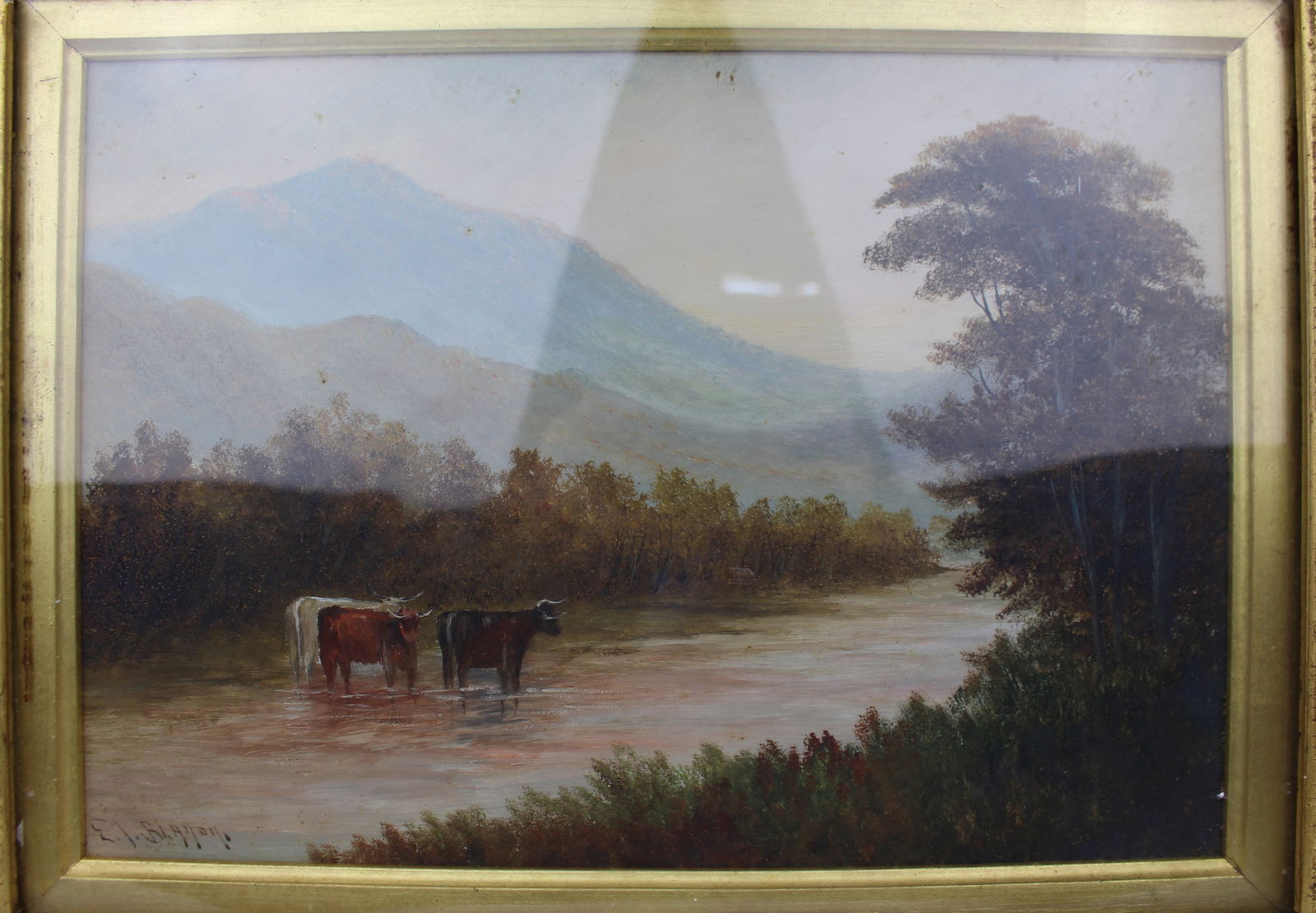 Cattle in a Stream – Victorian Landscape by E.J. Bladon Oil on Board, Signed - 2