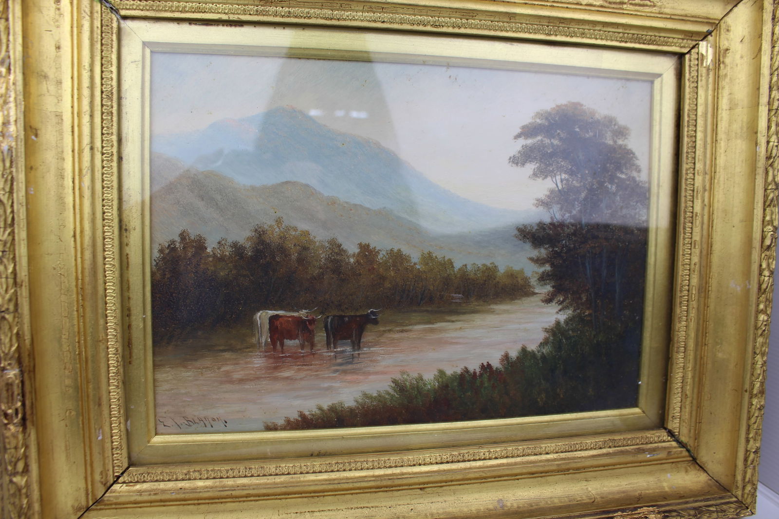 Cattle in a Stream – Victorian Landscape by E.J. Bladon Oil on Board, Signed - 3