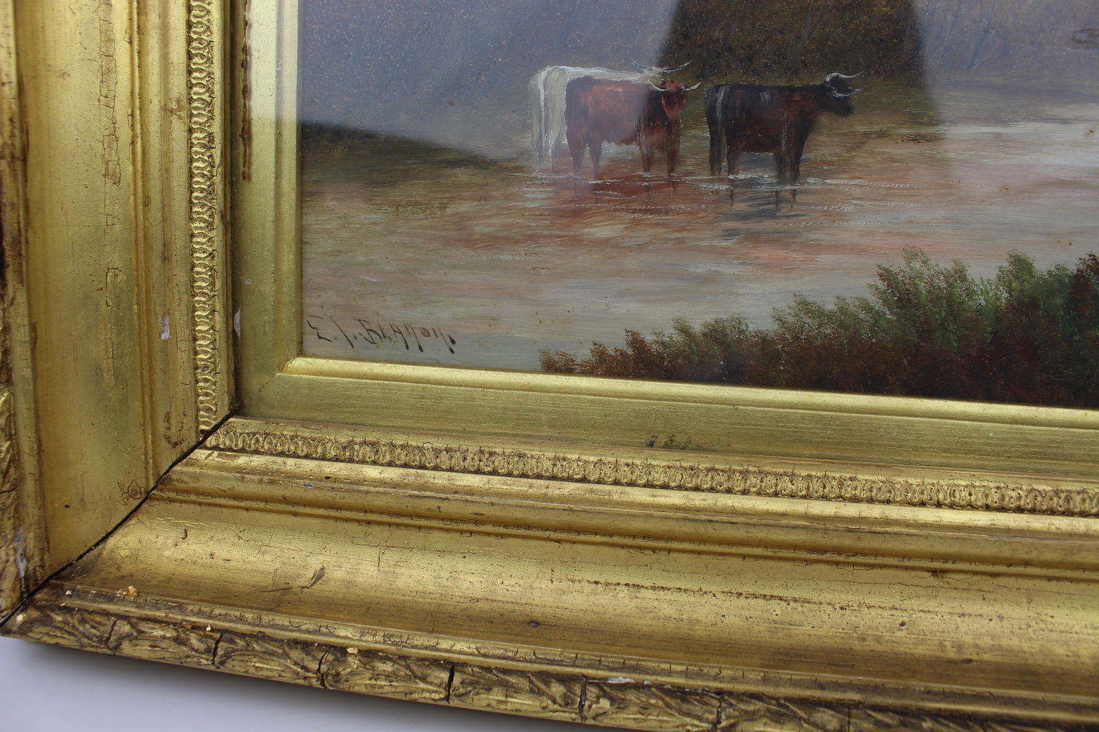 Cattle in a Stream – Victorian Landscape by E.J. Bladon Oil on Board, Signed - 4
