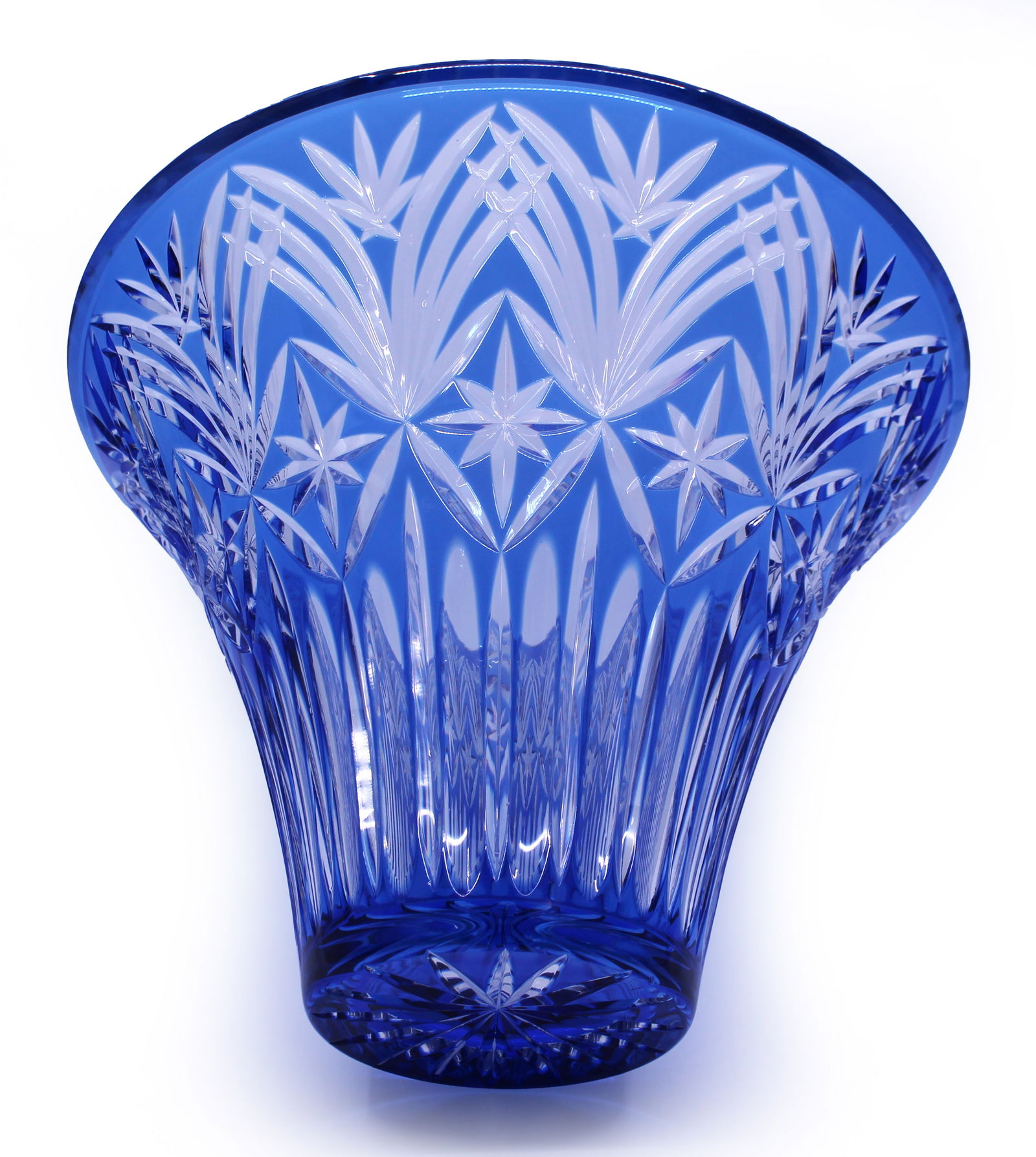 Fine Large Bohemian Blue Overlay Crystal Centrepiece Vase - 8
