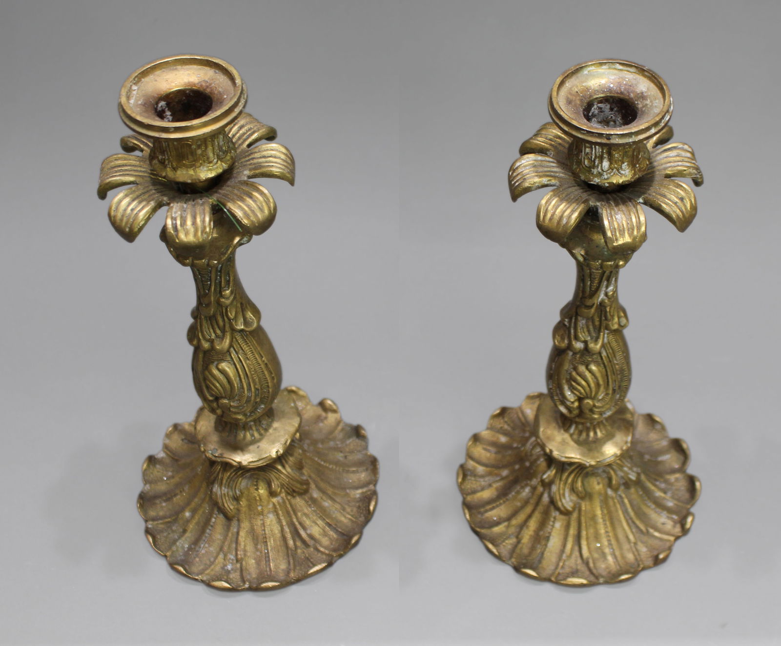 Pair of French Rococo Revival Cast Brass Candlesticks, c.1890 - 8
