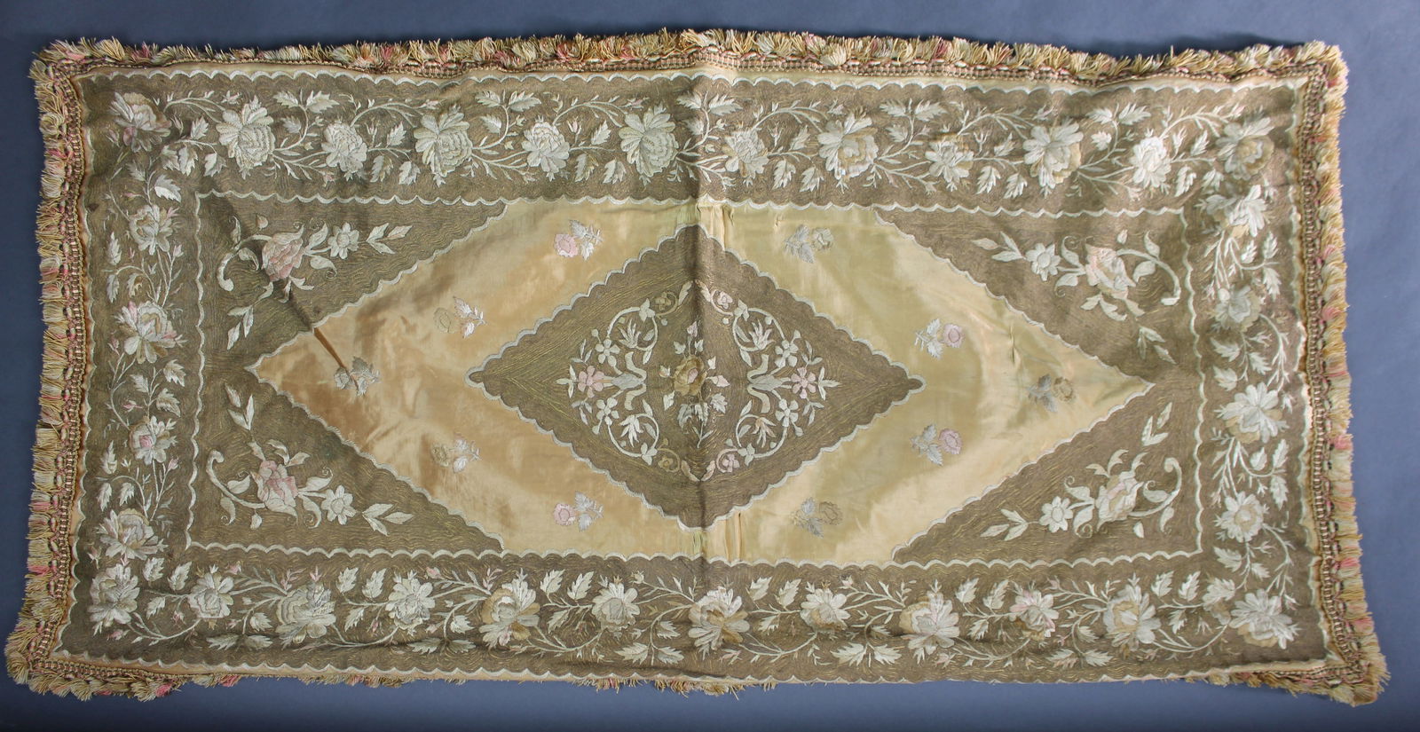 Antique Silk Embroidered Cover 60 x 122 cm: Title: Antique Silk Embroidered Cover 60 x 122 cm Description: Antique Silk Embroidered Cover 60 x 122 cm Late 19th / early 20th century, continental European, decorated with floral mo