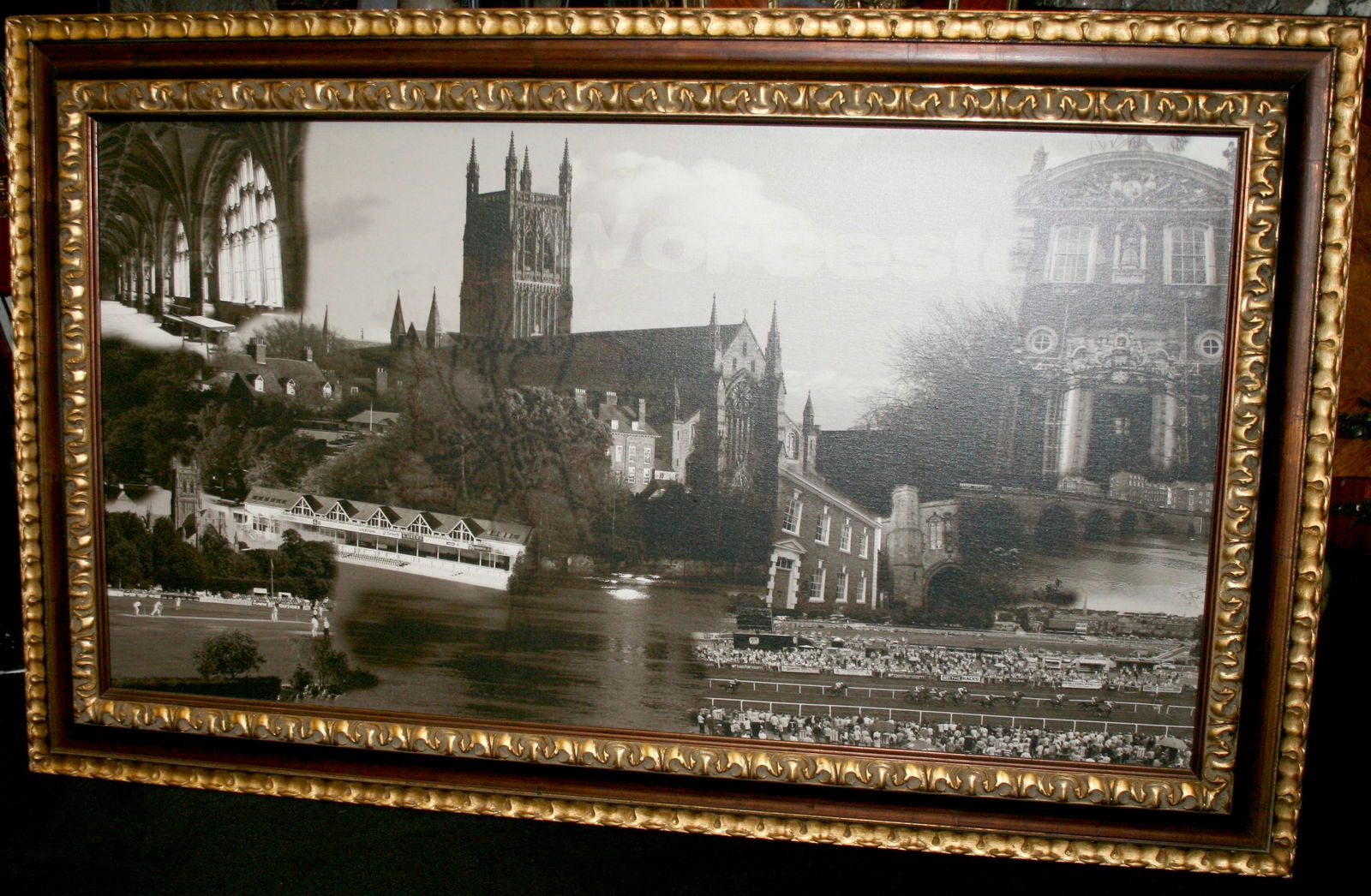 City of Worcester Montage Set in Gilt Frame: Title: City of Worcester Montage Set in Gilt Frame Description: Medium Print, canvas on board Frame 142 x 87 cm / 56 x 34 1/4 in Subject Worcester city Frame Set in quality heavy gilt frame 